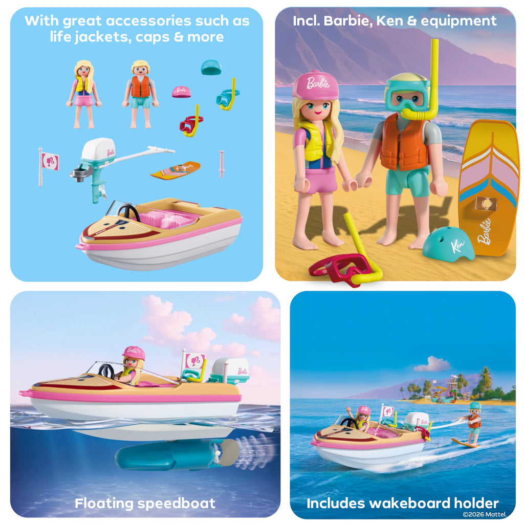 Playmobil | Barbie x Barbie Adventure Boat | Speedboat with Barbie & Ken | Malibu Summer Vibes & Water Adventure | Creative Playset for Children Aged 4+ | 72122