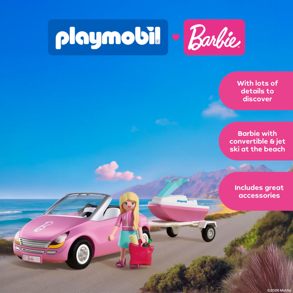 Playmobil | Barbie x Barbie Convertible | Convertible Car with Trailer & Jet Ski | Vehicle & Water Fun | Creative Playset for Children Aged 4+ | 72123