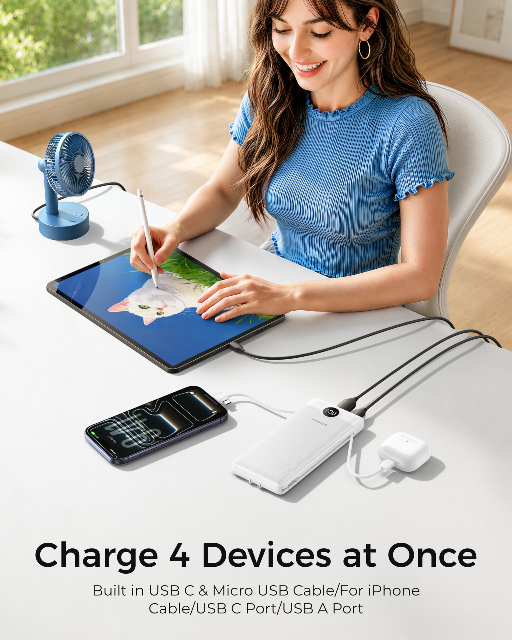 VEGER Portable Charger for iPhone, Power Bank Built in Cables and Wall Plug