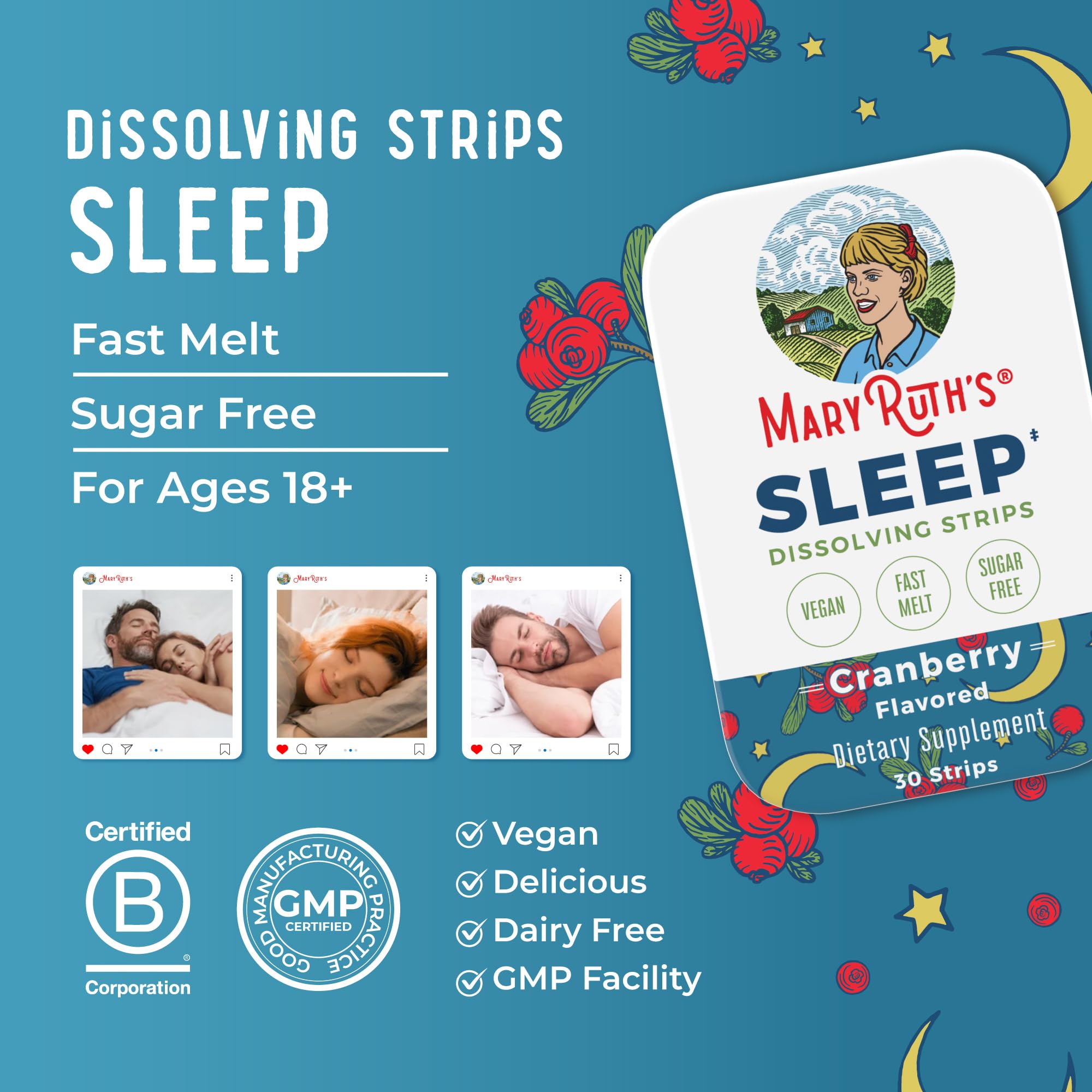 Sleep Dissolving Strips by MaryRuth's | L Theanine | Chamomile Flower | Melatonin 5mg | Valerian Root | Vitamin B6 | Sugar Free | Cranberry Flavor | Vegan | Gluten Free | Dairy Free | 30 Count