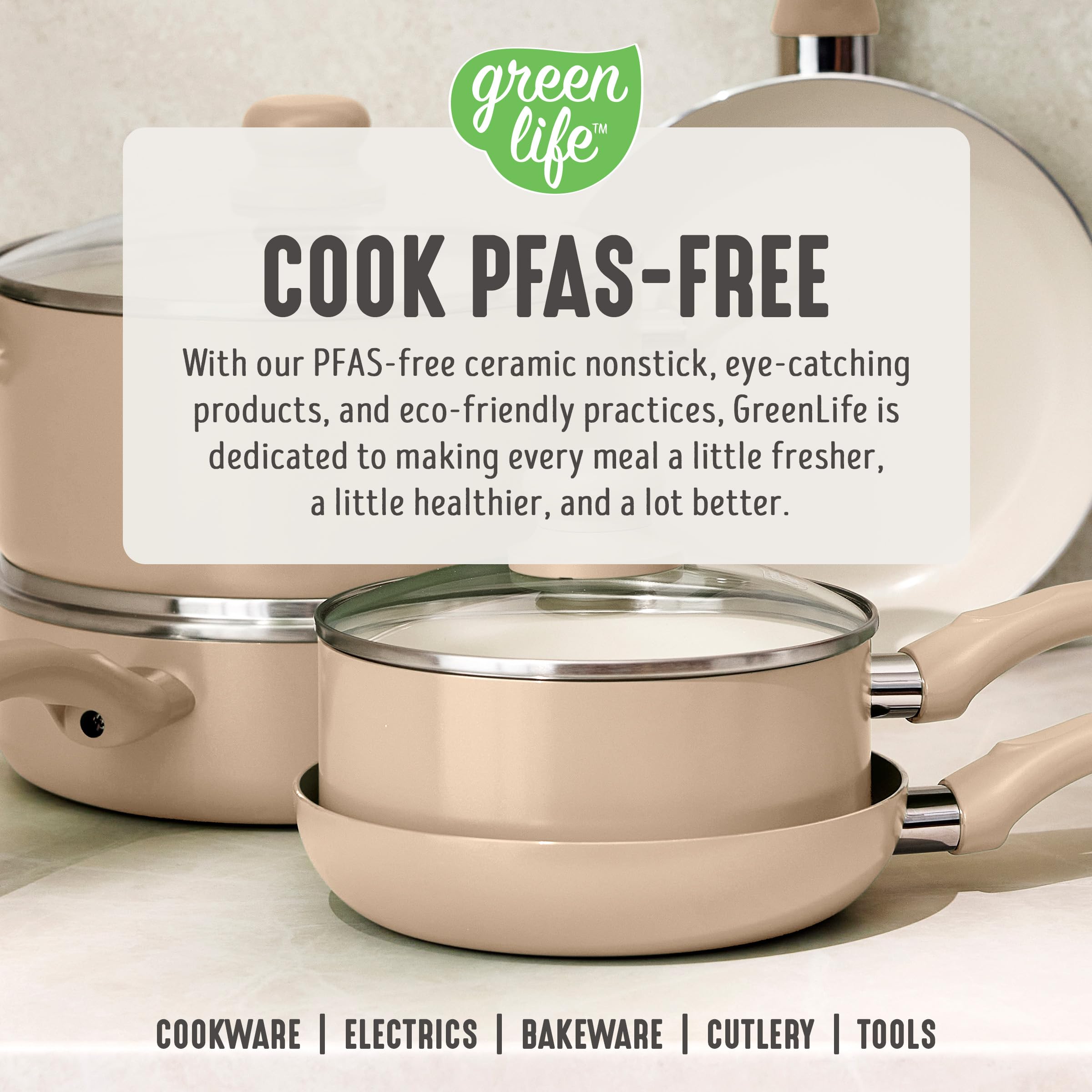 GreenLife 2 Piece (8" & 10") Ceramic Nonstick Skillet Set, Beige Taupe