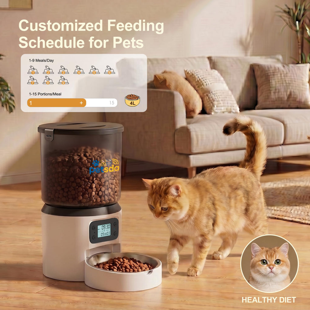 Automatic Cat Feeder 4L Timed Cat Dry Food Dispenser Auto Pet Feeder Portion Control up to 9 Meals/Day for Cats and Small Dogs Dual Power Supply, with Stainless Bowl Fresh Food, Easy Clean