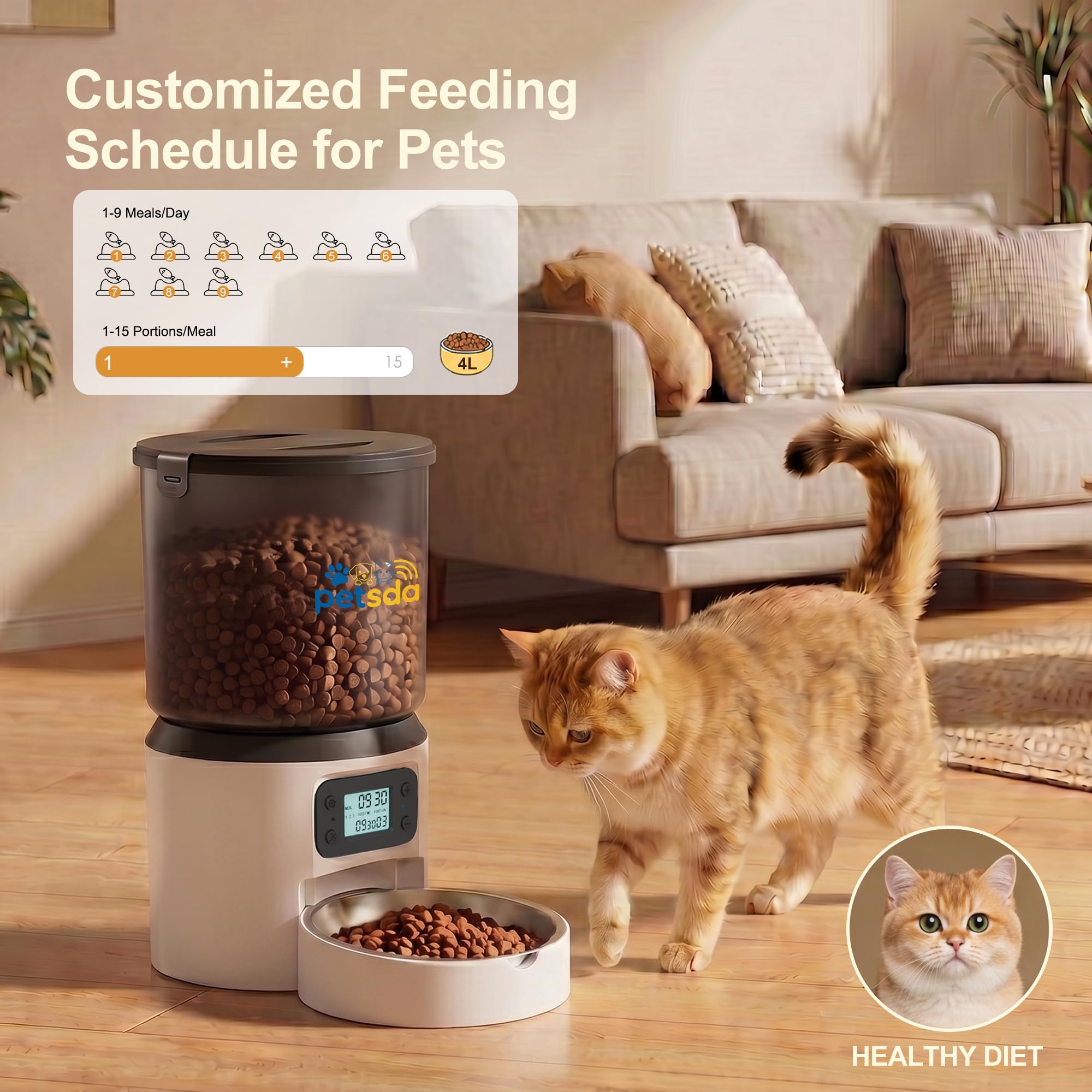 Automatic Cat Feeder 4L Timed Cat Dry Food Dispenser Auto Pet Feeder Portion Control up to 9 Meals/Day for Cats and Small Dogs Dual Power Supply, with Stainless Bowl Fresh Food, Easy Clean