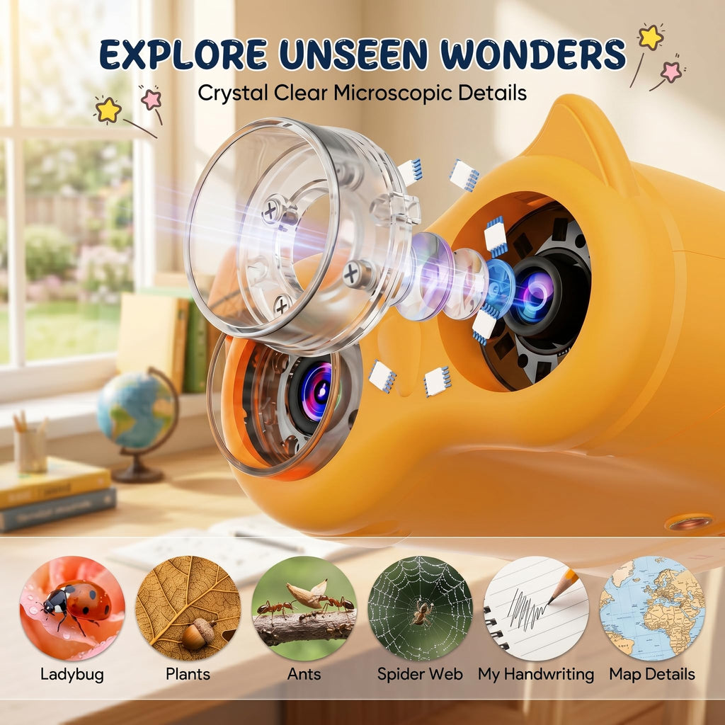 OAEBLLE 2-in-1 Kids Microscope and Telescope, 1000X Handheld Digital Microscope for Kids, 2.0" Screen, 8 LEDs, 10X Pocket Telescope for Outdoor, 1080P Camera STEM Toys Gift for Boys Girls 4-12, Yellow