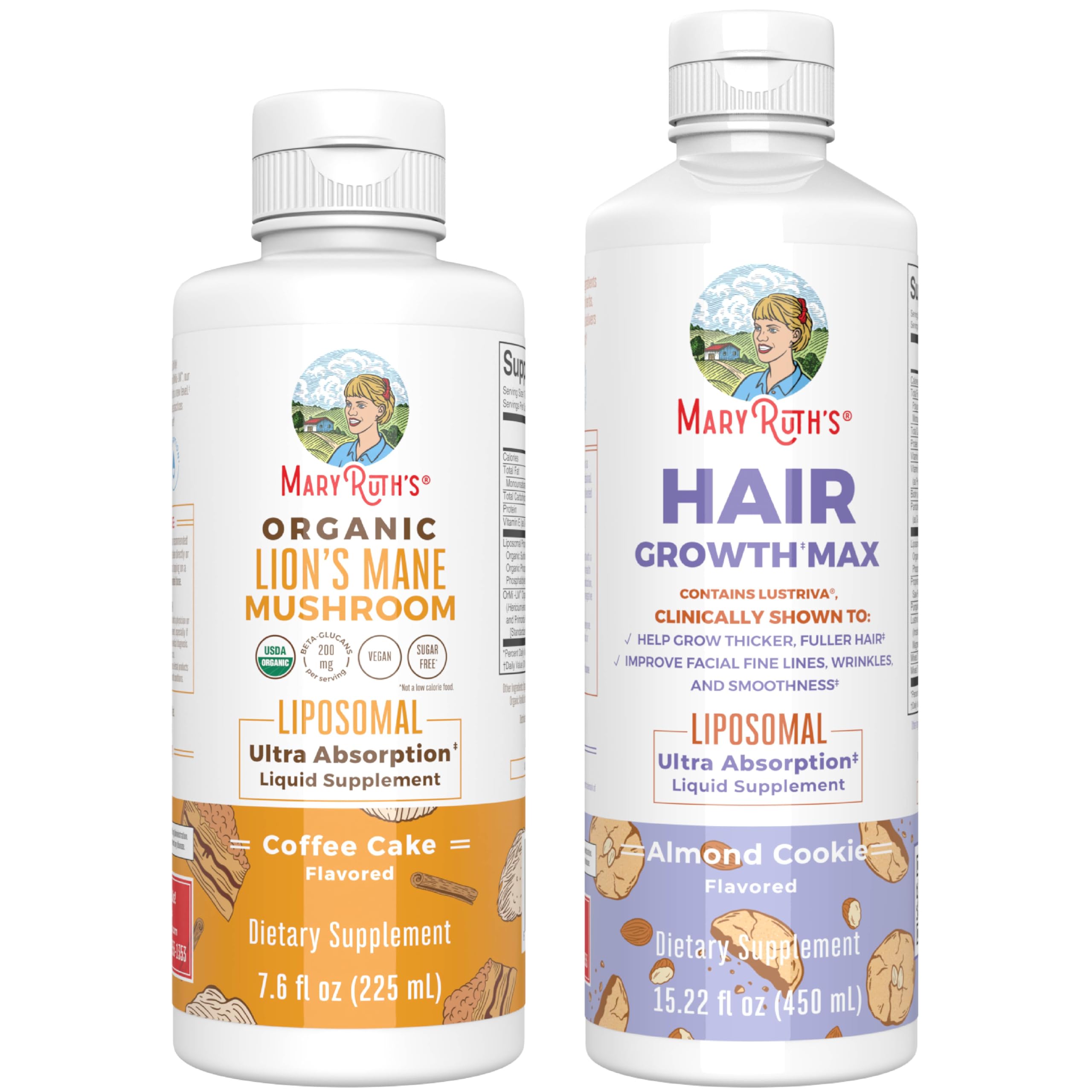 MARYRUTH'S Organics Lion's Mane Liposomal (Coffee Cake) & Hair Growth MAX (Almond Cookie) | Clean Label Project Verified® | Vitamins for Cognitive Support, Beauty, and Overall Health | Vegan, Non-GMO