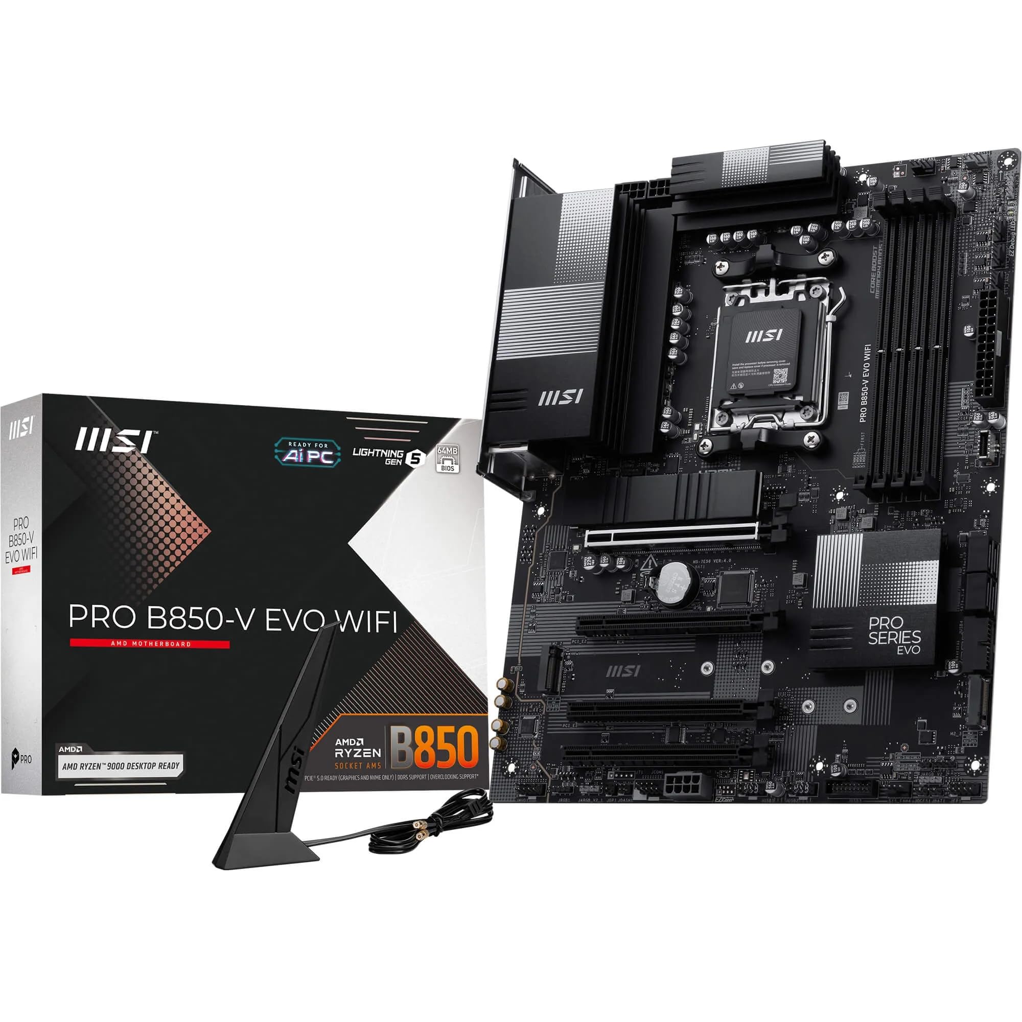 MSI PRO B850-V EVO WiFi Motherboard, ATX - Supports AMD Ryzen 9000/8000 / 7000 Processors, AM5 - DDR5 Memory Boost (up to 8200+ MT/s OC), PCIe 5.0 x16, M.2 Gen5, Wi-Fi 7, 5G LAN