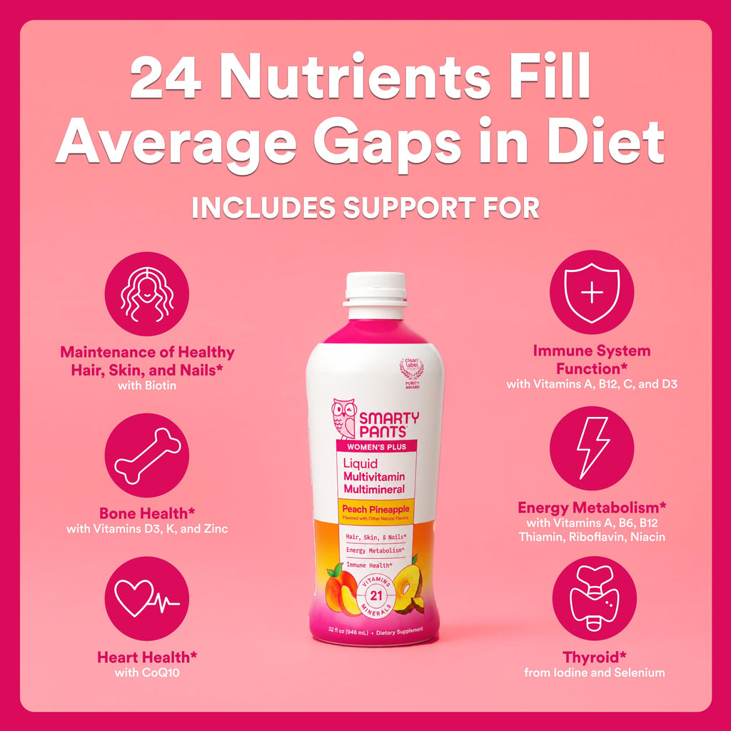 SmartyPants Zero Sugar Liquid Multivitamin Multimineral for Women, Contains Hair, Skin, & Nails Vitamins that Support Immunity, Metabolism, and Bone Health, Peach Pineapple Flavor, 32 Oz (31 Servings)