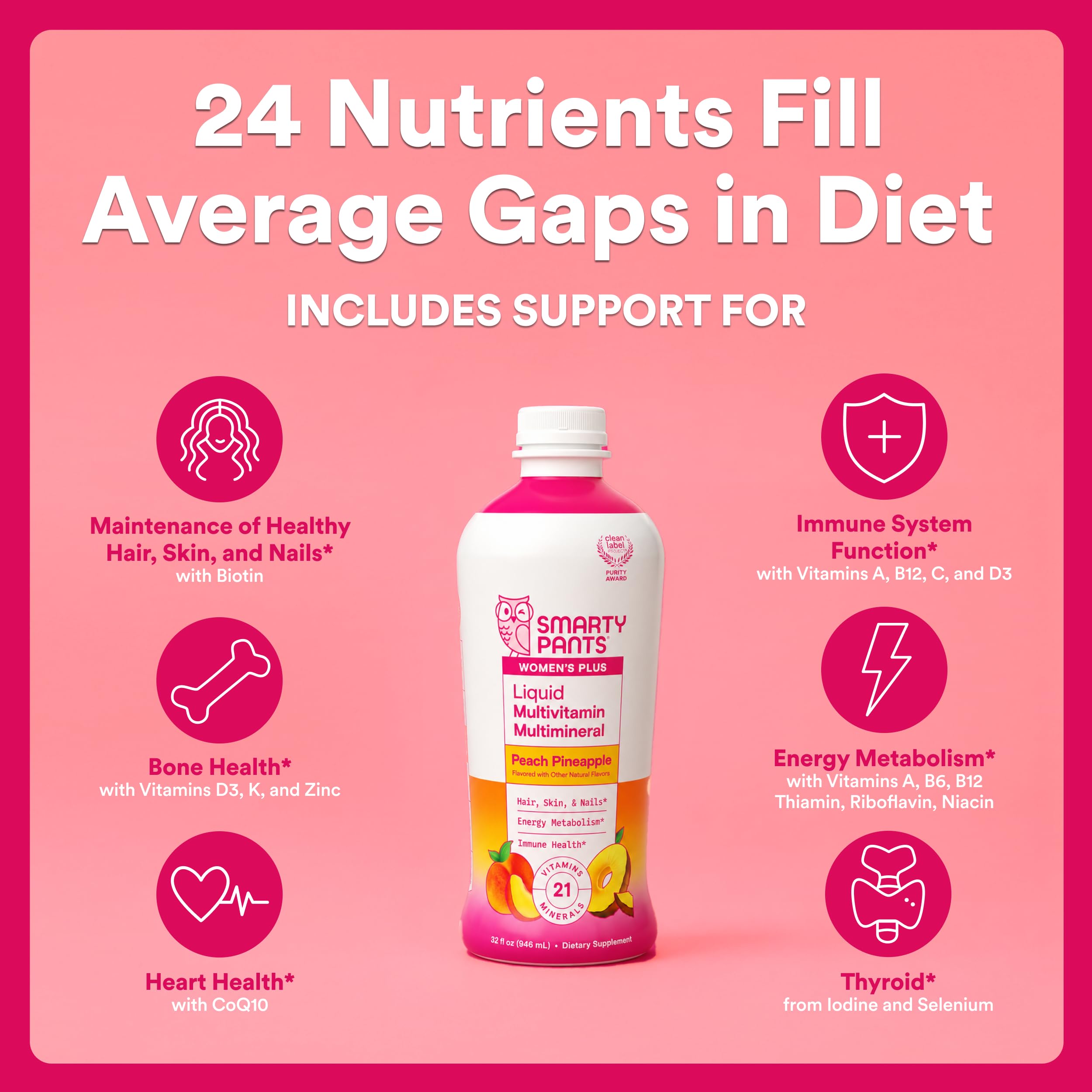 SmartyPants Zero Sugar Liquid Multivitamin Multimineral for Women, Contains Hair, Skin, & Nails Vitamins that Support Immunity, Metabolism, and Bone Health, Peach Pineapple Flavor, 32 Oz (31 Servings)