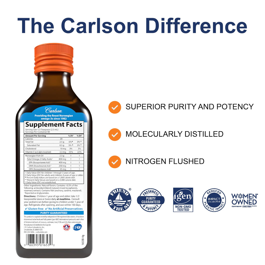 Carlson - Kid's The Very Finest Fish Oil, 800 mg Omega-3s, Norwegian, Sustainably Sourced, Orange, 200 mL