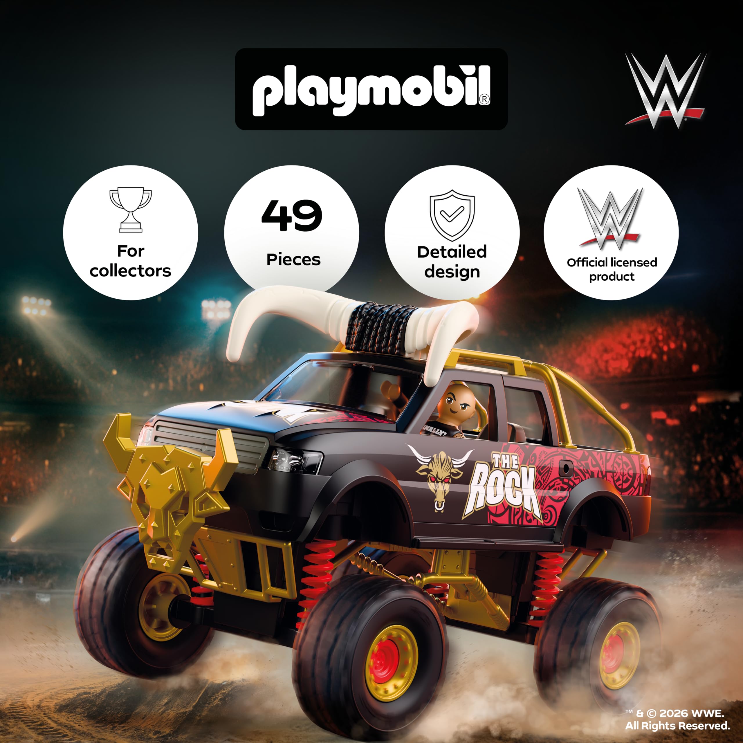 Playmobil | WWE | WWE The Rock Monster Truck | Monster Truck with Suspension, Horns & The Rock Figure | for Fans Aged 5+ | 71955