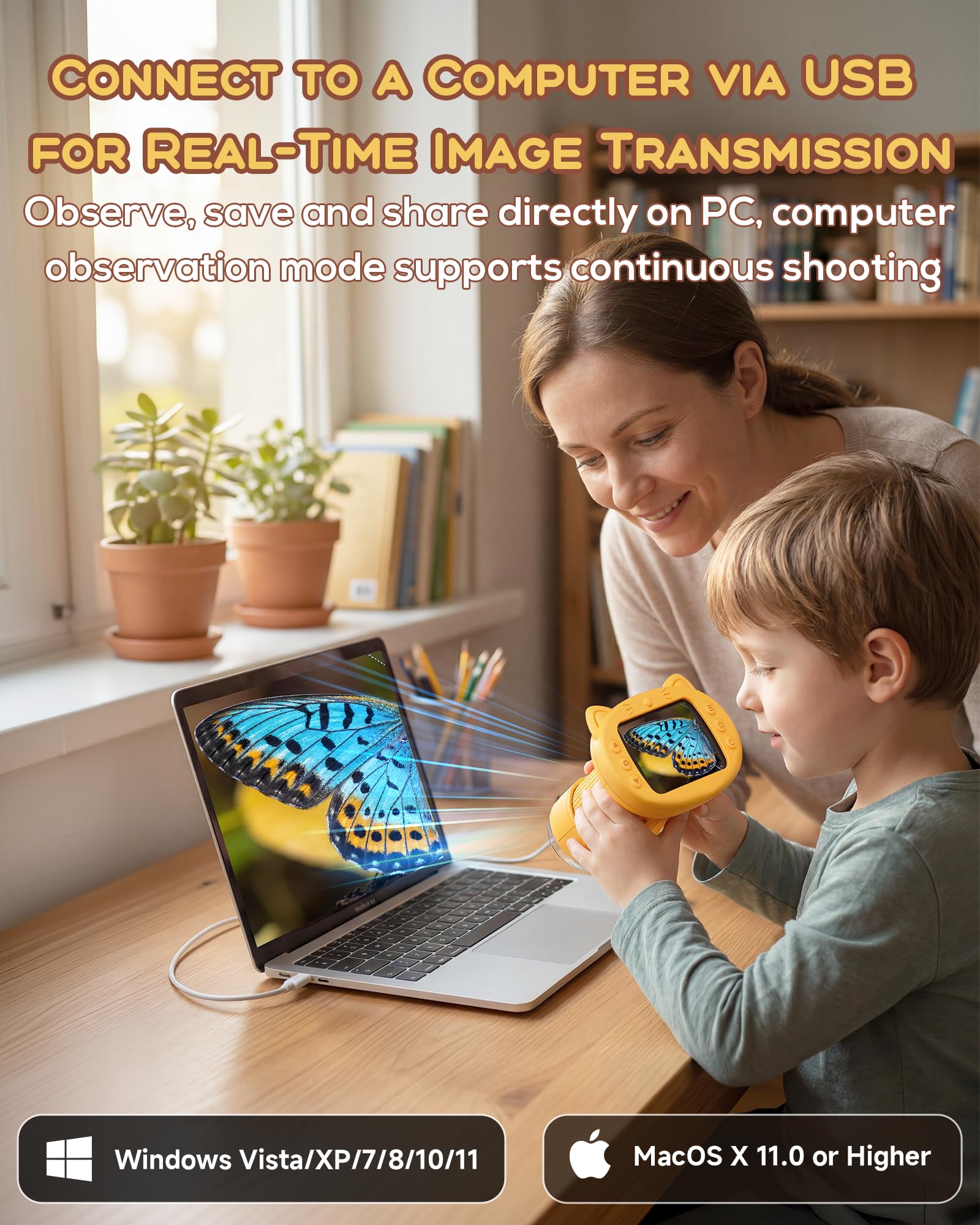 1000X Digital Microscope for Kids Handheld, 4K 2.4" IPS Screen Portable Mini Pocket Microscope 2MP Camera, STEM Educational Toy Birthday for Boys Girls Ages 3-6 6-12,Yellow