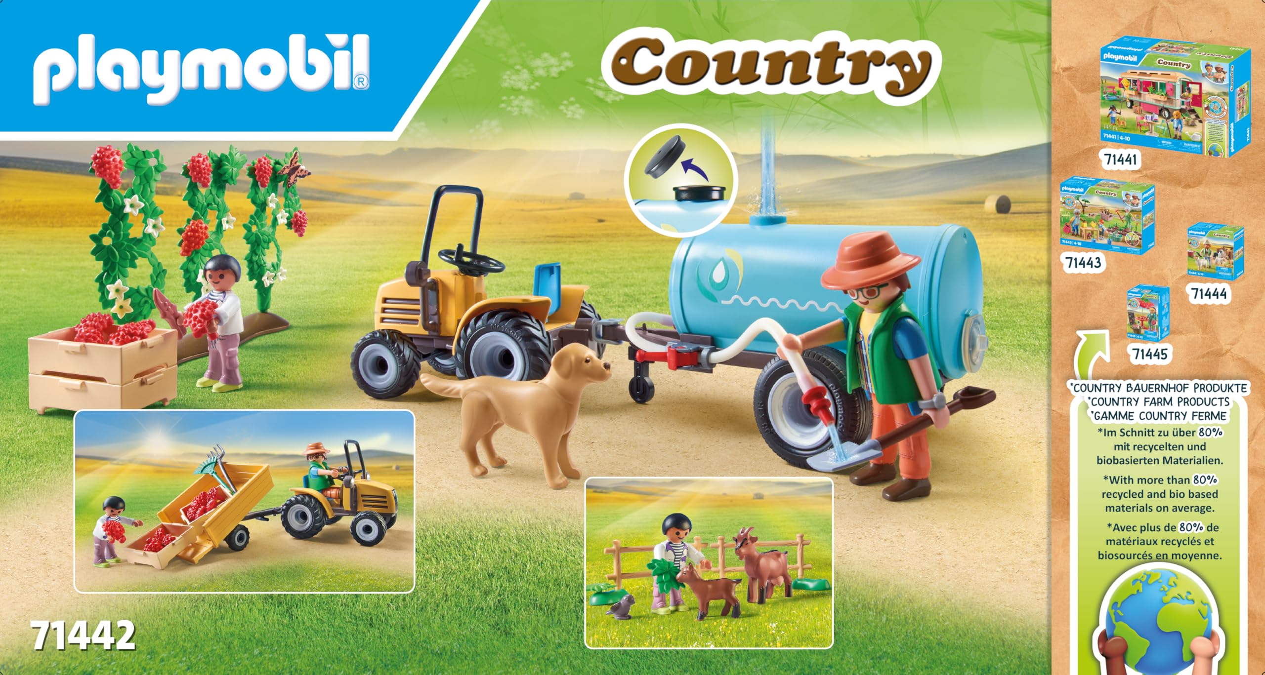 PLAYMOBIL Country 71442 Tractor with Trailer and Tank, Fresh Harvest on the Farm, Learning about the Environment, Imaginative and Fun Role Playing, Toys for Kids Ages 4 and Up