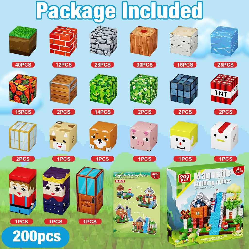 200PCS Magnetic Blocks, Magnetic Building Cube Toys for Kids, STEM Montessori Stacking, Sensory Education Toys for Toddlers Building World Set, Christmas Birthday Gifts for Kids Age 3 4 5 6 7 8 9 10
