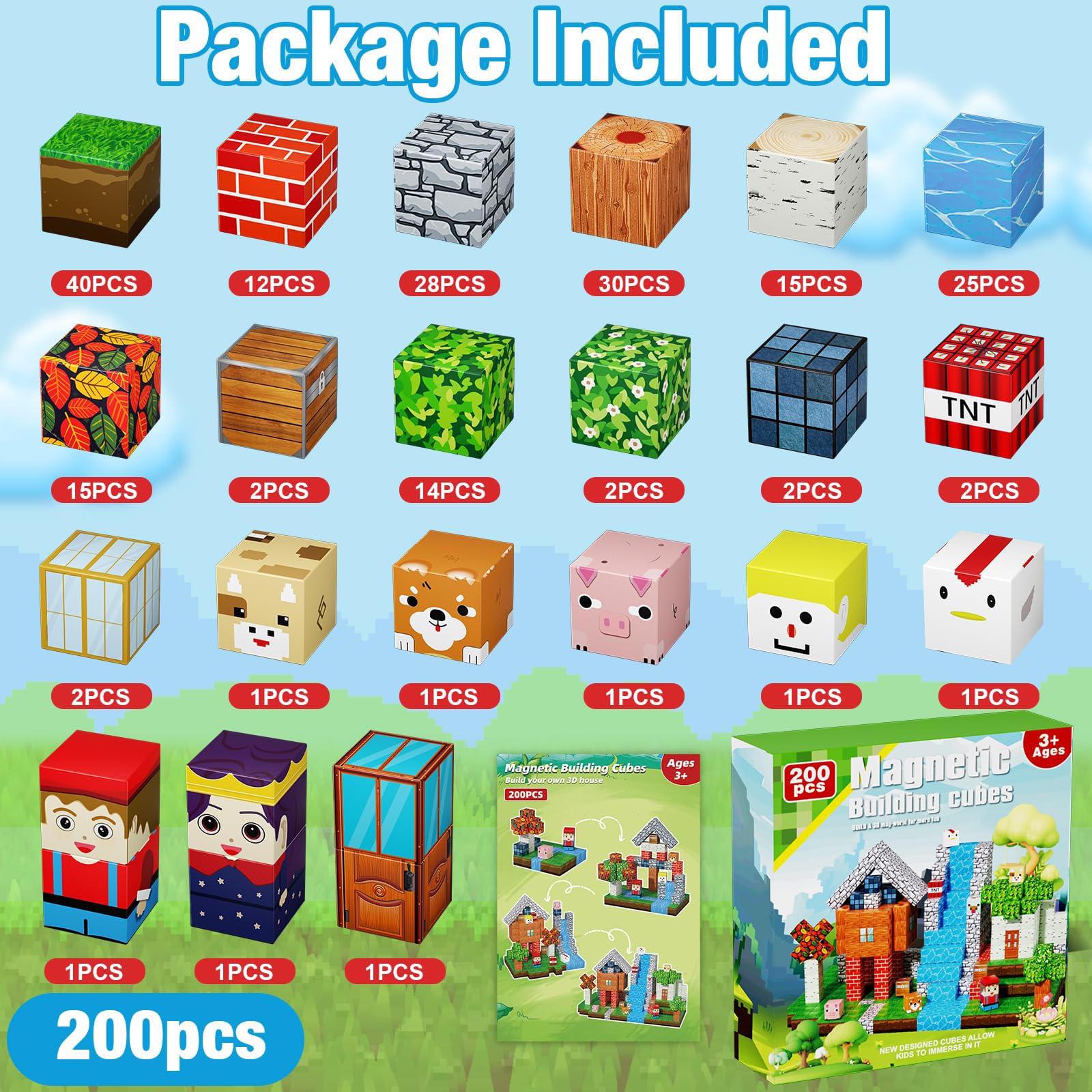200PCS Magnetic Blocks, Magnetic Building Cube Toys for Kids, STEM Montessori Stacking, Sensory Education Toys for Toddlers Building World Set, Christmas Birthday Gifts for Kids Age 3 4 5 6 7 8 9 10