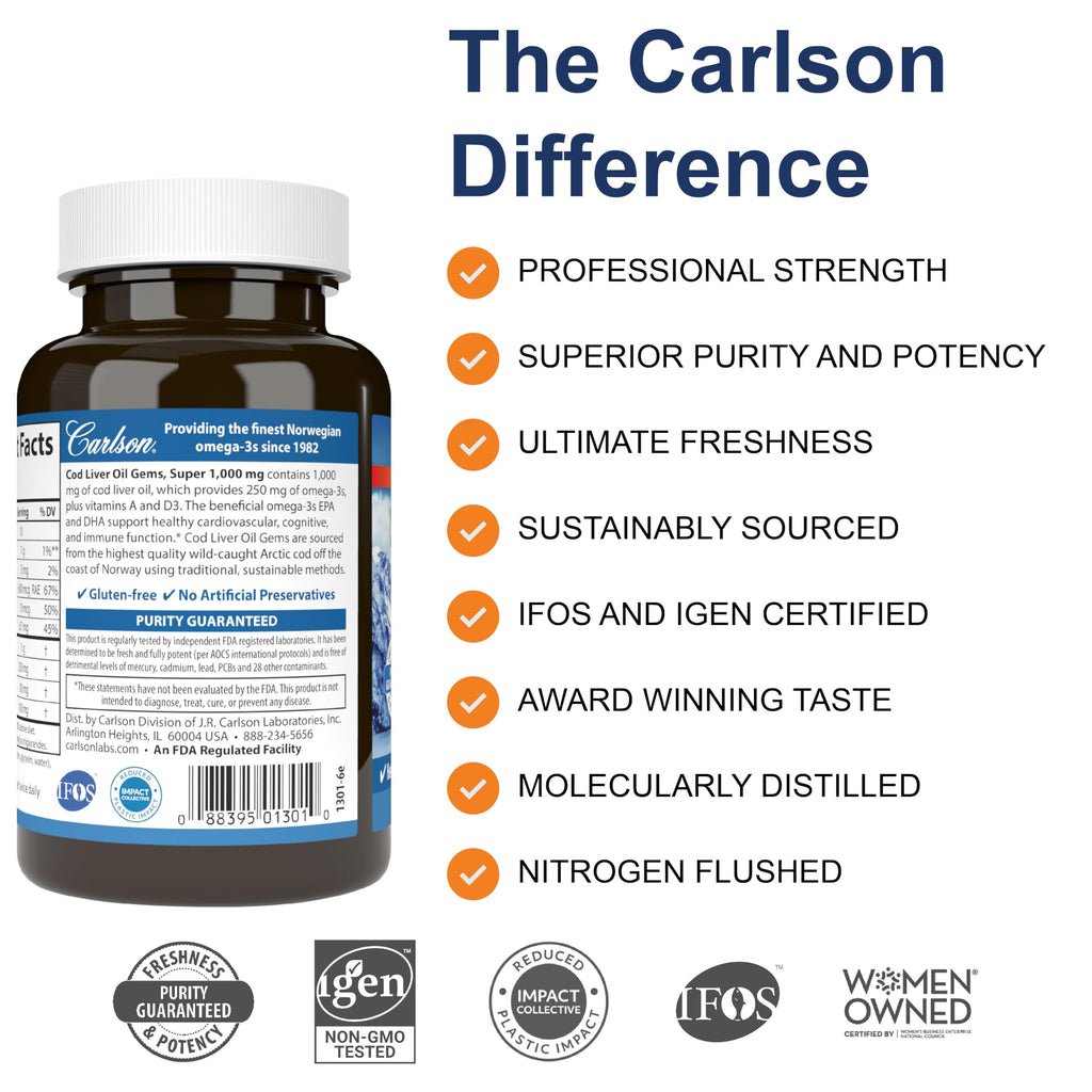 Carlson Cod Liver Oil Gems, Super 1000 mg, 250 mg Omega-3s, 100 Softgels