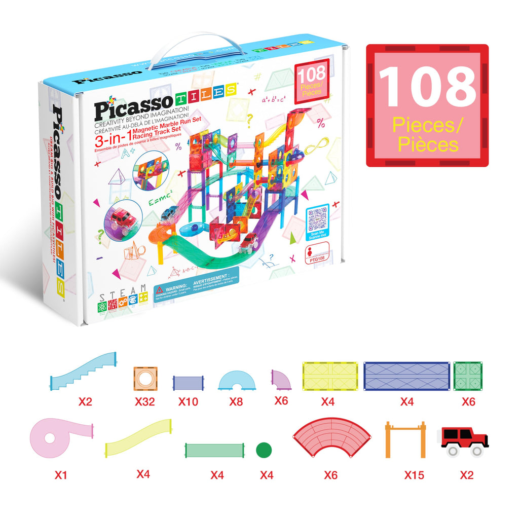 PicassoTiles 108 Piece Marble Run Race Track Set with LED Cars STEM Ages 3+