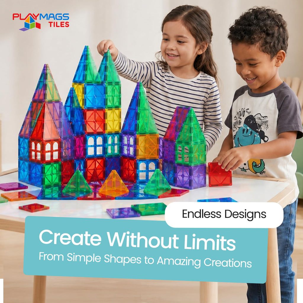 Playmags Magnetic Tiles for Kids 100-Piece Set, STEM Educational Building Blocks Toys for Kids, Includes Click-in ABC Learning Tiles, Gift for Boys & Girls, Add on Magnetic Figures, Car Set Available