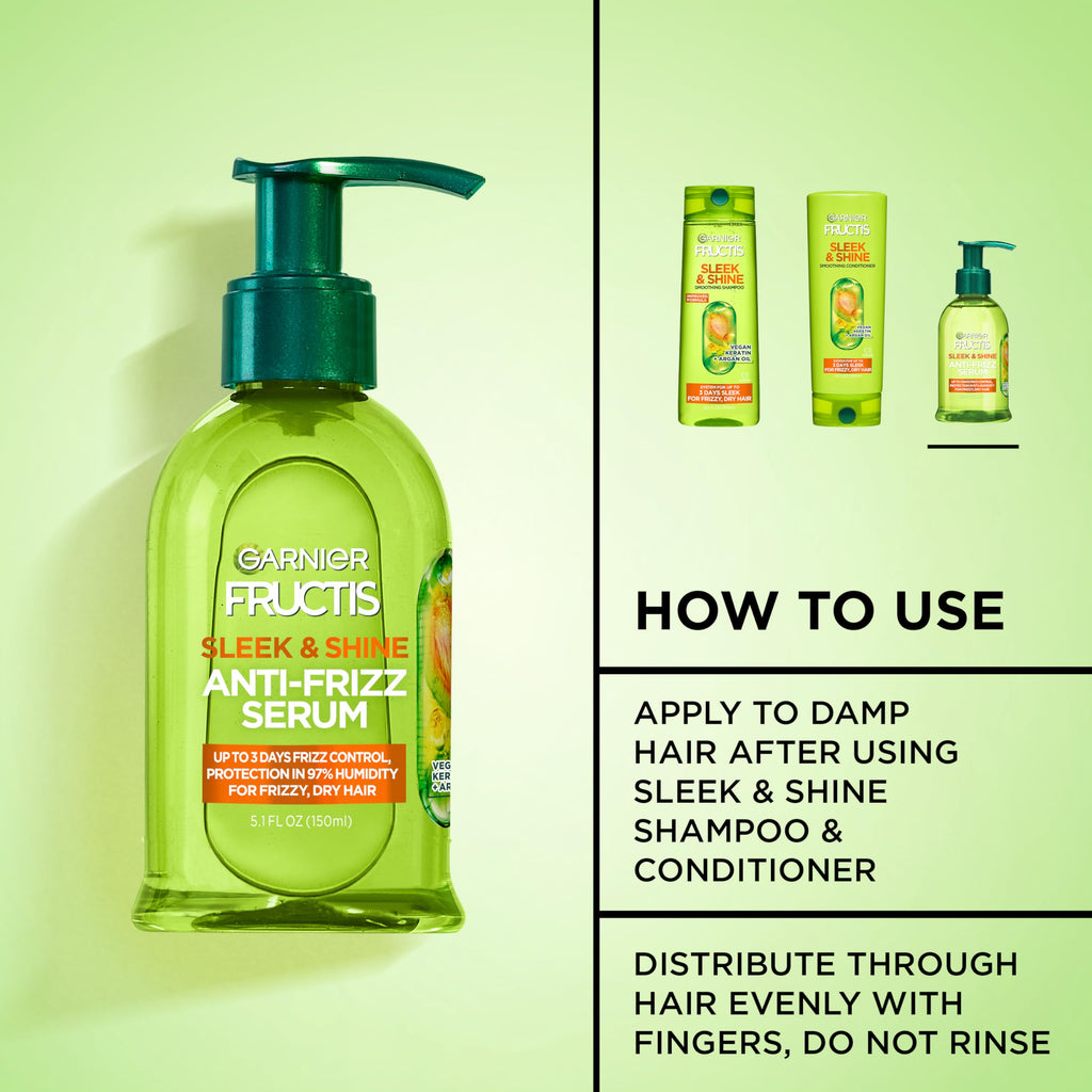 Garnier Fructis Sleek & Shine Anti-Frizz Hair Serum for Frizzy, Dry Hair, Leave-In Argan Oil Infused Formula with Up to 72HRs of Frizz Control, Smooths Flyaways & Boosts Hair Shine, 5.1 Fl Oz