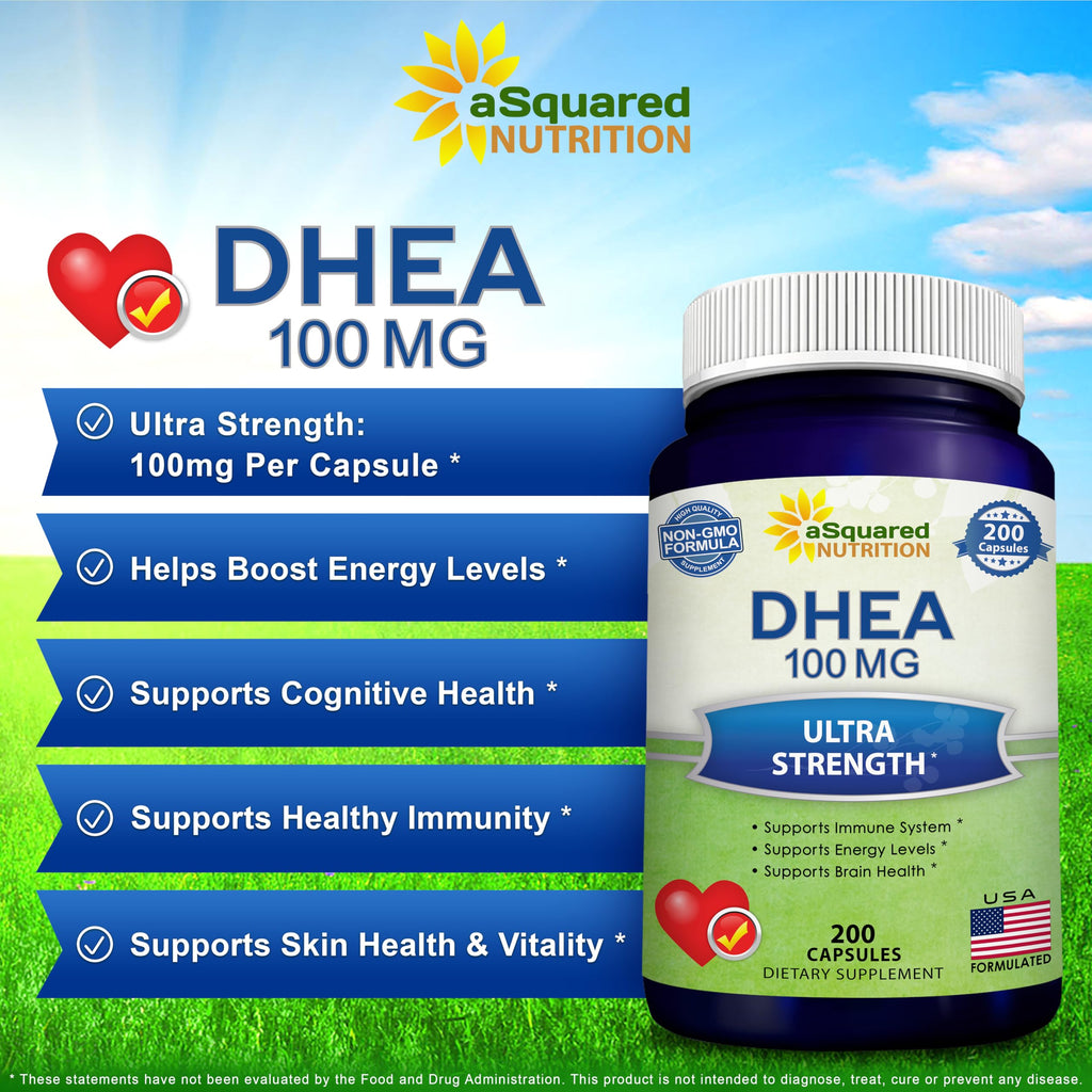 DHEA 100mg Supplement – 200 Capsules – High Potency Dehydroepiandrosterone for Men and Women – Max Strength Pills for Brain Health, Energy, and Immune Function – Formulated in USA, Third-Party Tested