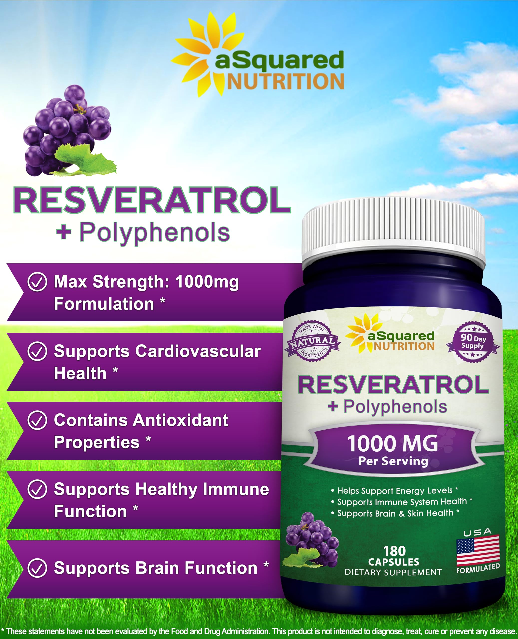 aSquared Nutrition Natural Resveratrol with Red Wine Extract - 180 Capsules - Trans Resveratrol Antioxidant Supplement Pills for Pure Heart Health - Extra Strength Trans-Resveratrol