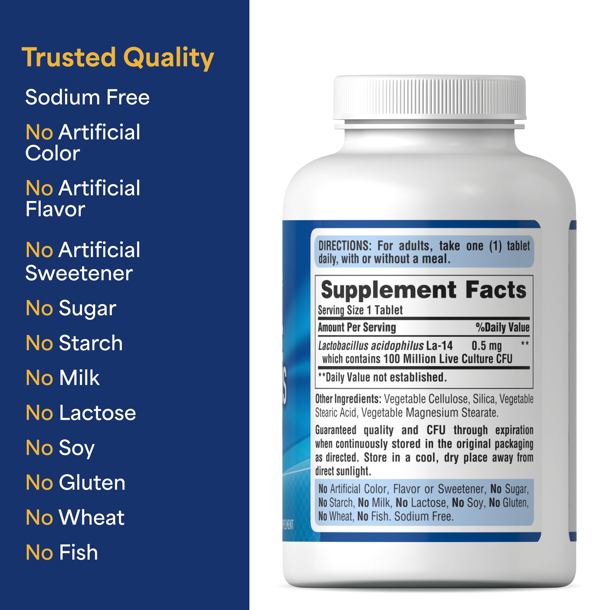 Puritan's Pride Daily Probiotic Acidophilus, 100 Million Live Cultures, Dietary Supplement for Digestive, Gut, and Immune Health, Soy, Sodium, and Gluten Free, 8 Month Supply, 250 Tablets