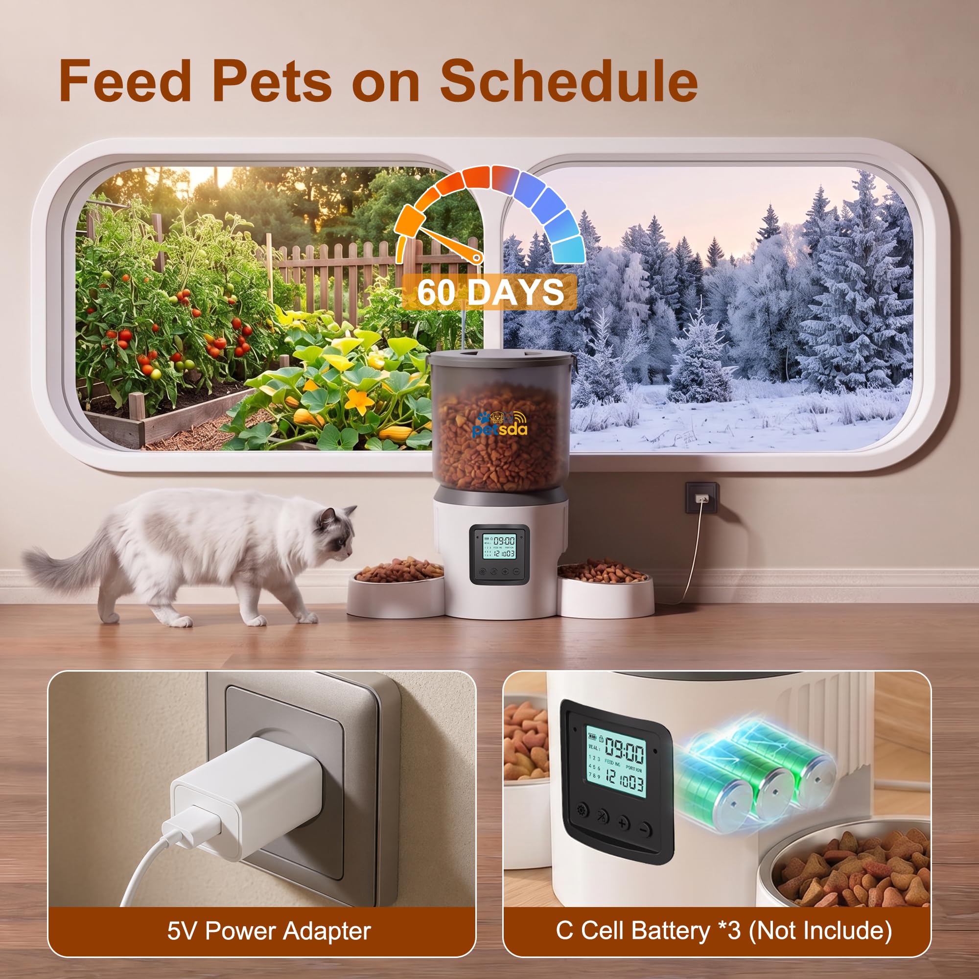 Automatic Cat Feeder for 2 Cats 4L Timed Cat Dry Food Dispenser Double Bowl Auto Pet Feeder and Small Dogs Dual Power Supply 9 Meals Programmable 1-15 Portion Per Day with Stainless Bowl Easy Clean