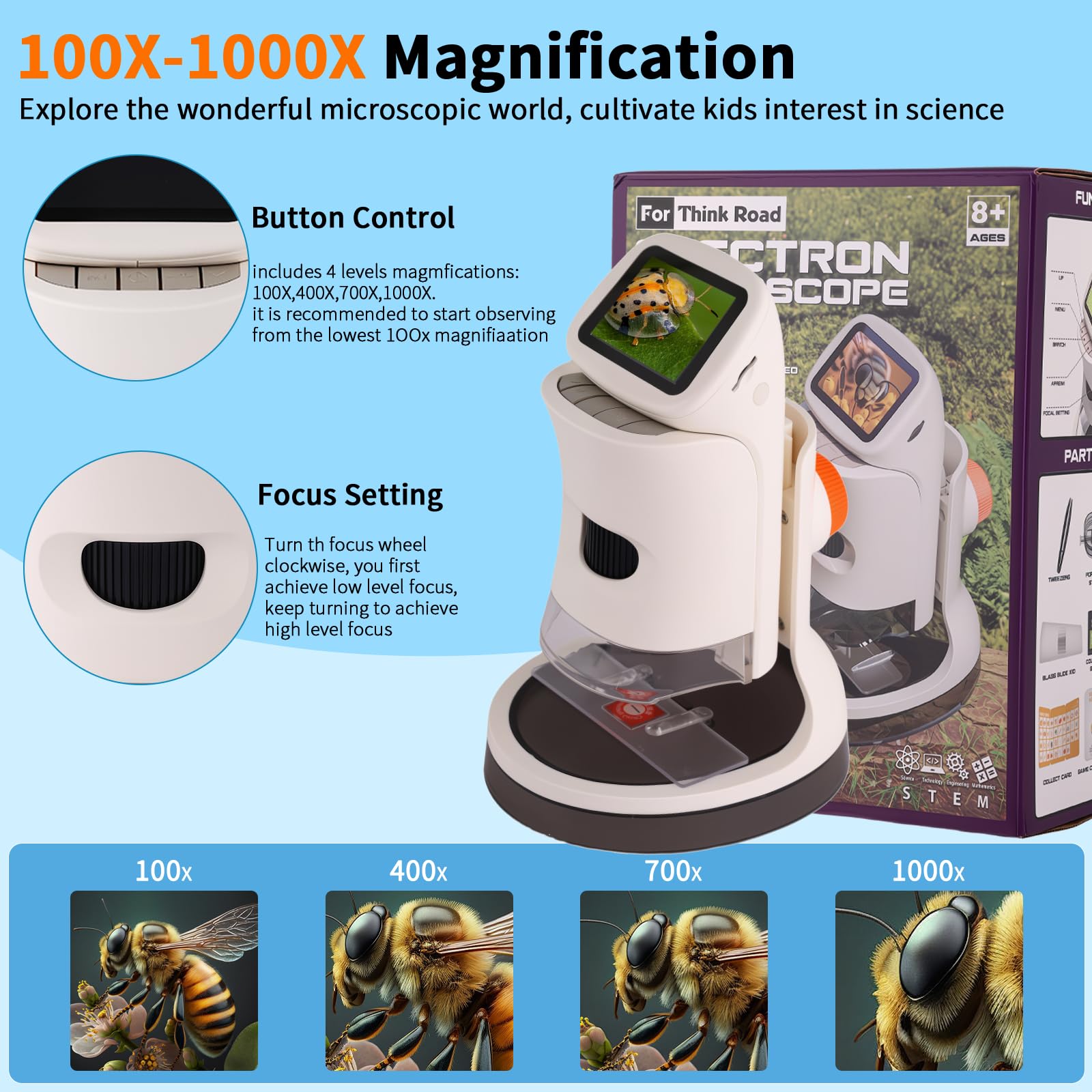 Microscope for Kids,1000X Magnification.Digital Microscope with 1080p 2" HD Screen,Photo & Video Recording,USB Rechargeable.Microscope for Kids 8-12