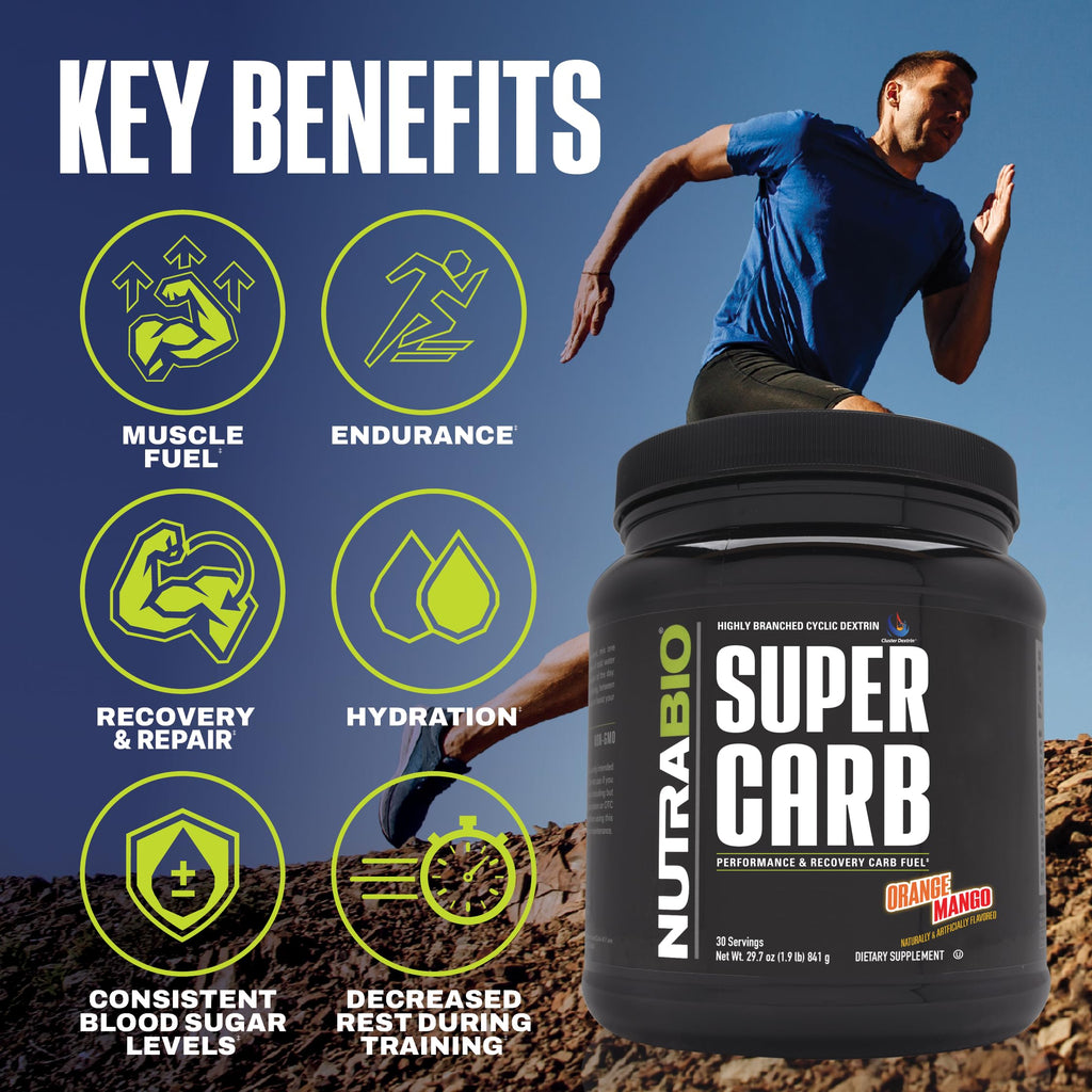 NutraBio Super Carb, Carbohydrate Powder with Cluster Dextrin & Electrolytes, Advanced Carb Supplement Powder for Workout Fuel, Performance, and Muscle Recovery, Cyclic Dextrin, Orange Mango, 30 Sv