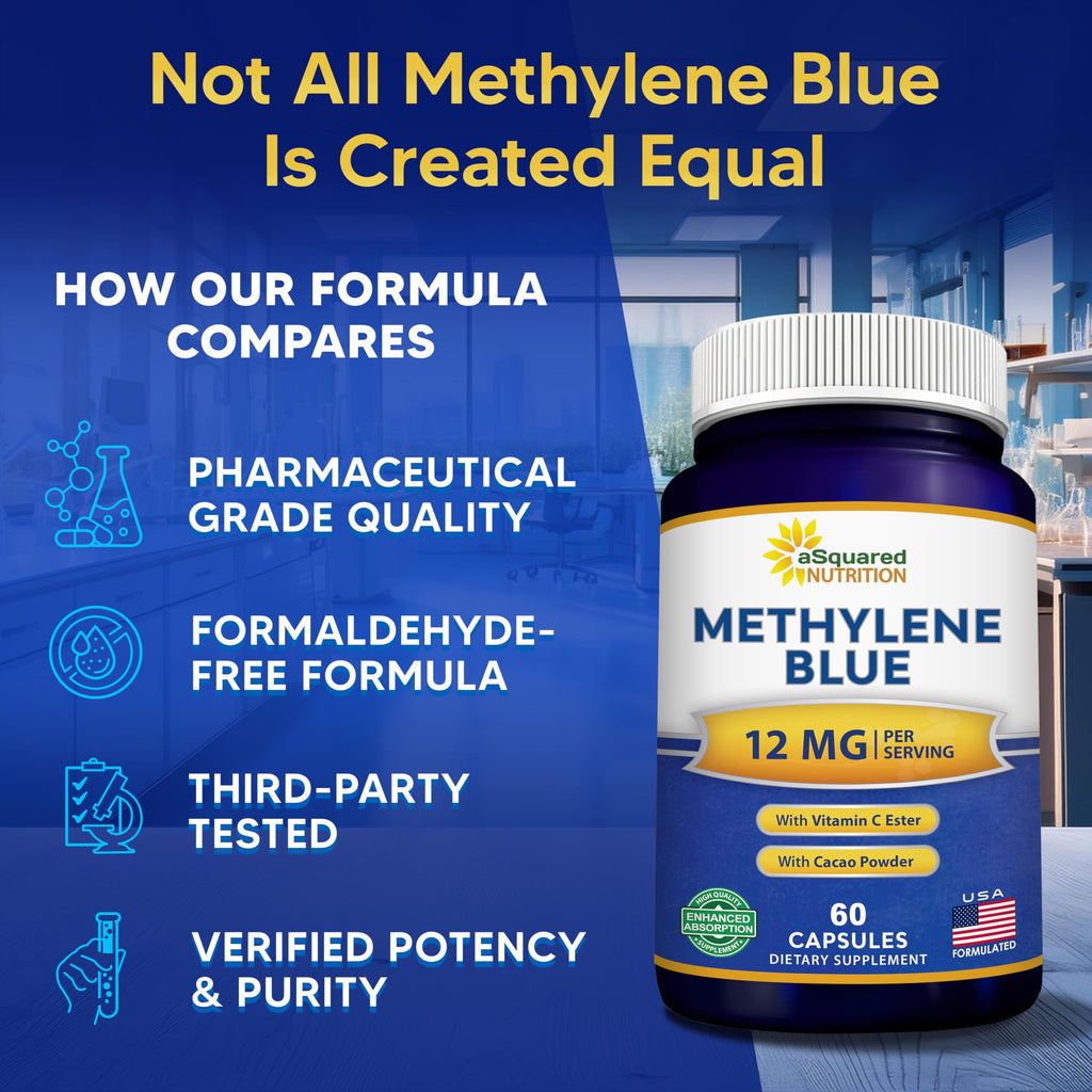 aSquared Nutrition Methylene Blue Capsules - Pharmaceutical Grade Supplement for Humans - 12mg Per Serving USP Grade - w/Vitamin C & Cacao Powder - Brain, Focus, Energy - Alt to Drops & Tablets