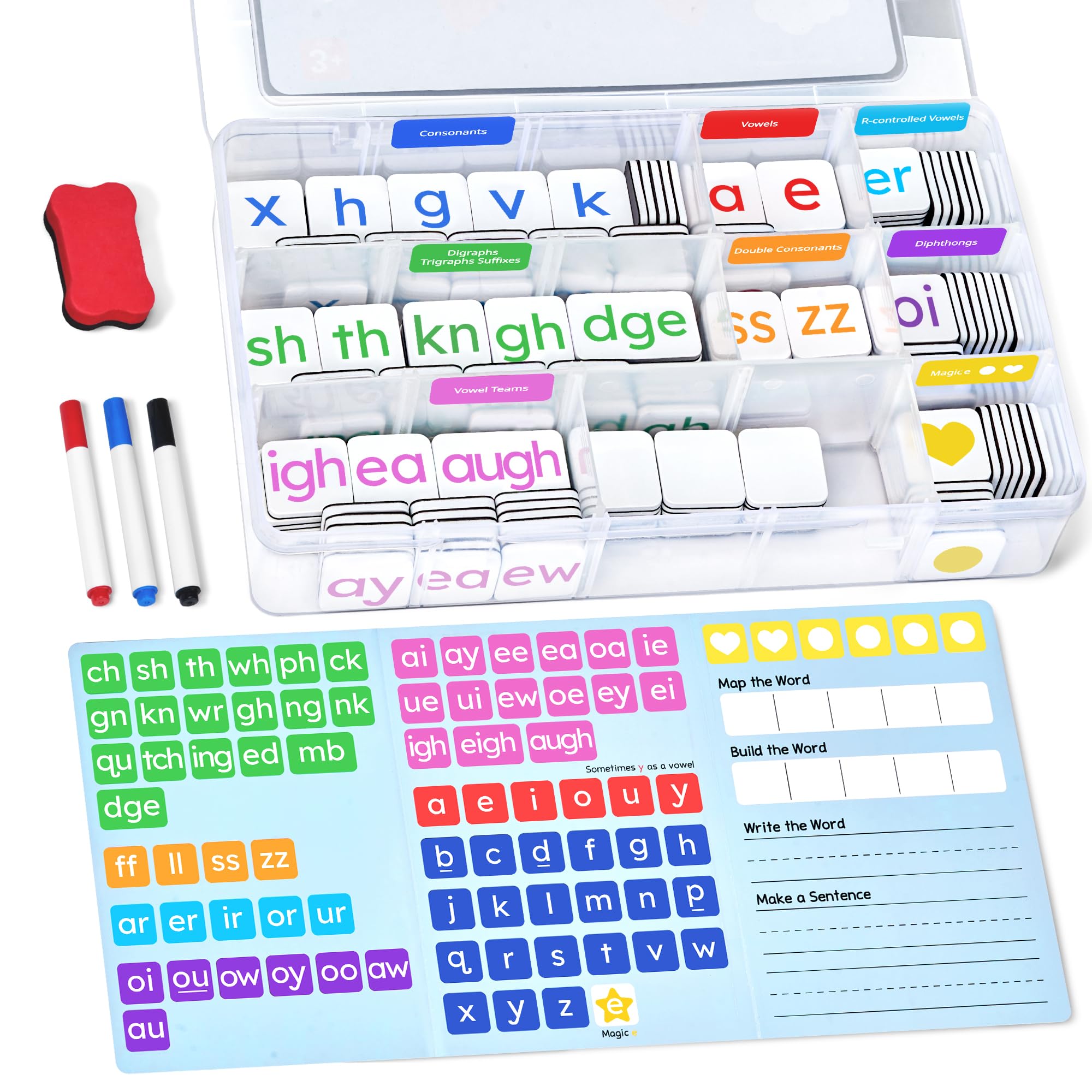 JoyCat 265 Phonics Magnetic Letter Tiles, ABC Word Building Kit with Folder
