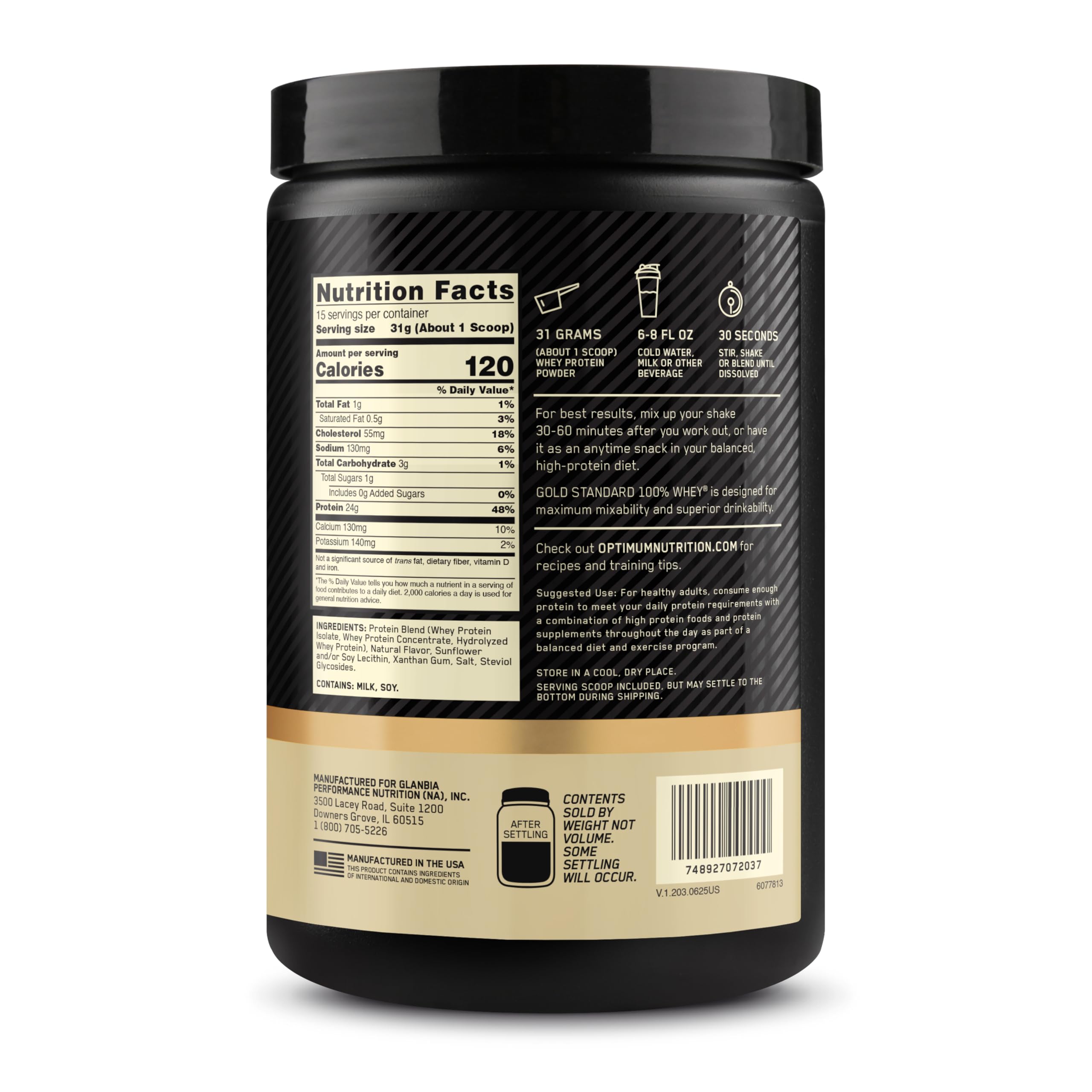 Optimum Nutrition Gold Standard 100% Whey Protein Powder, Naturally Flavored Vanilla, 15 Servings (Packaging May Vary)