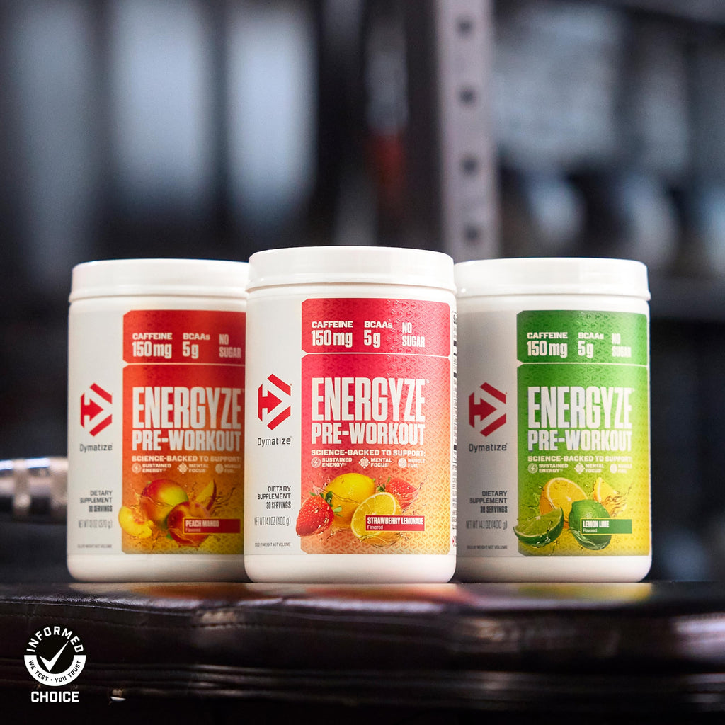 Dymatize Energyze Pre Workout Powder for Men and Women, Lemon Lime Flavor, 150mg Caffeine, 5g BCAAs, Performance Blend of L-Theanine, L-Tyrosine, L-Citrulline, No Sugar, 30 Servings