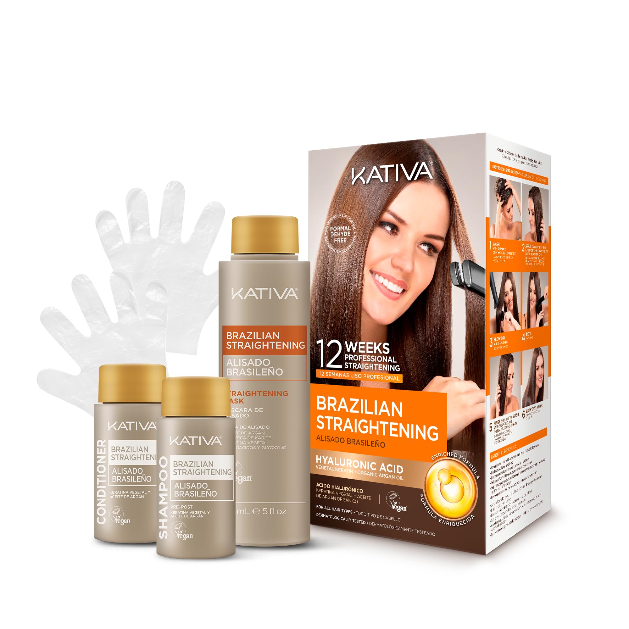 KATIVA Brazilian Keratin Treatment Kit at home Formaldehyde Free Hair Straightening with Hyaluronic Acid, Up to 12 Weeks Frizz Control for Curly, Wavy, Frizzy Hair (Straightening Kit)