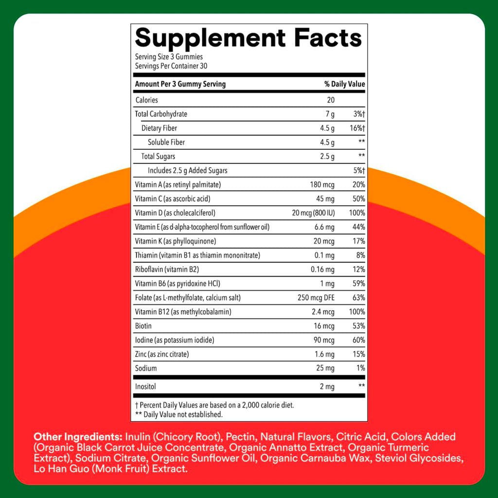 SmartyPants Kids Multivitamin & Fiber Gummies: Prebiotic Fiber to Support Kids Digestion with Vitamin D3, C, Vitamin B12, B6, A, Zinc, Biotin, Folate, Three Fruit Flavors, 90 Count (30 Day Supply)