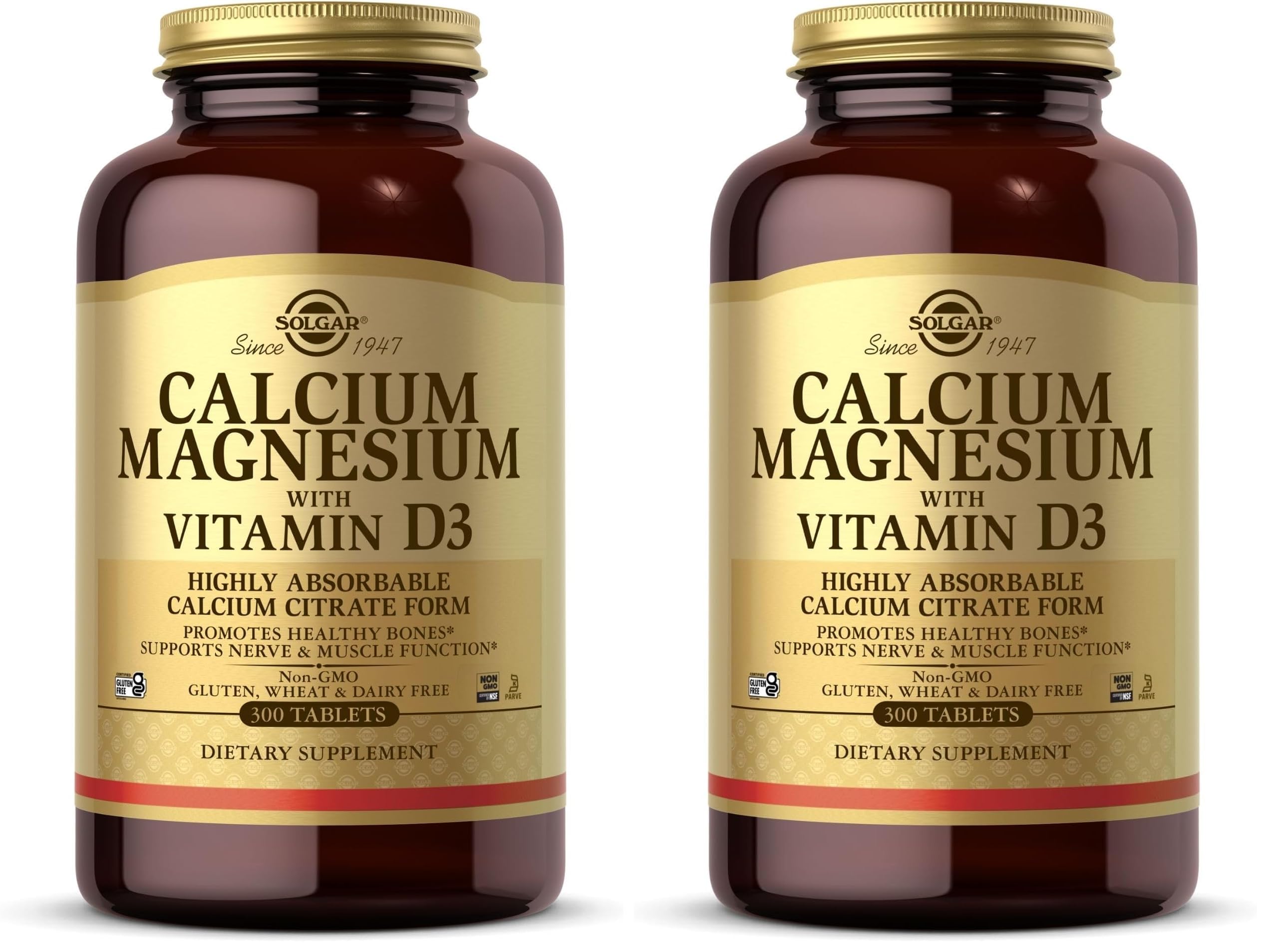 Solgar Calcium Magnesium with Vitamin D3, 300 Tablets - Promotes Healthy Bones, Supports Nerve & Muscle Function - Highly Absorbable Form - Non-GMO and Gluten Free - 60 Servings, (Pack of 2)