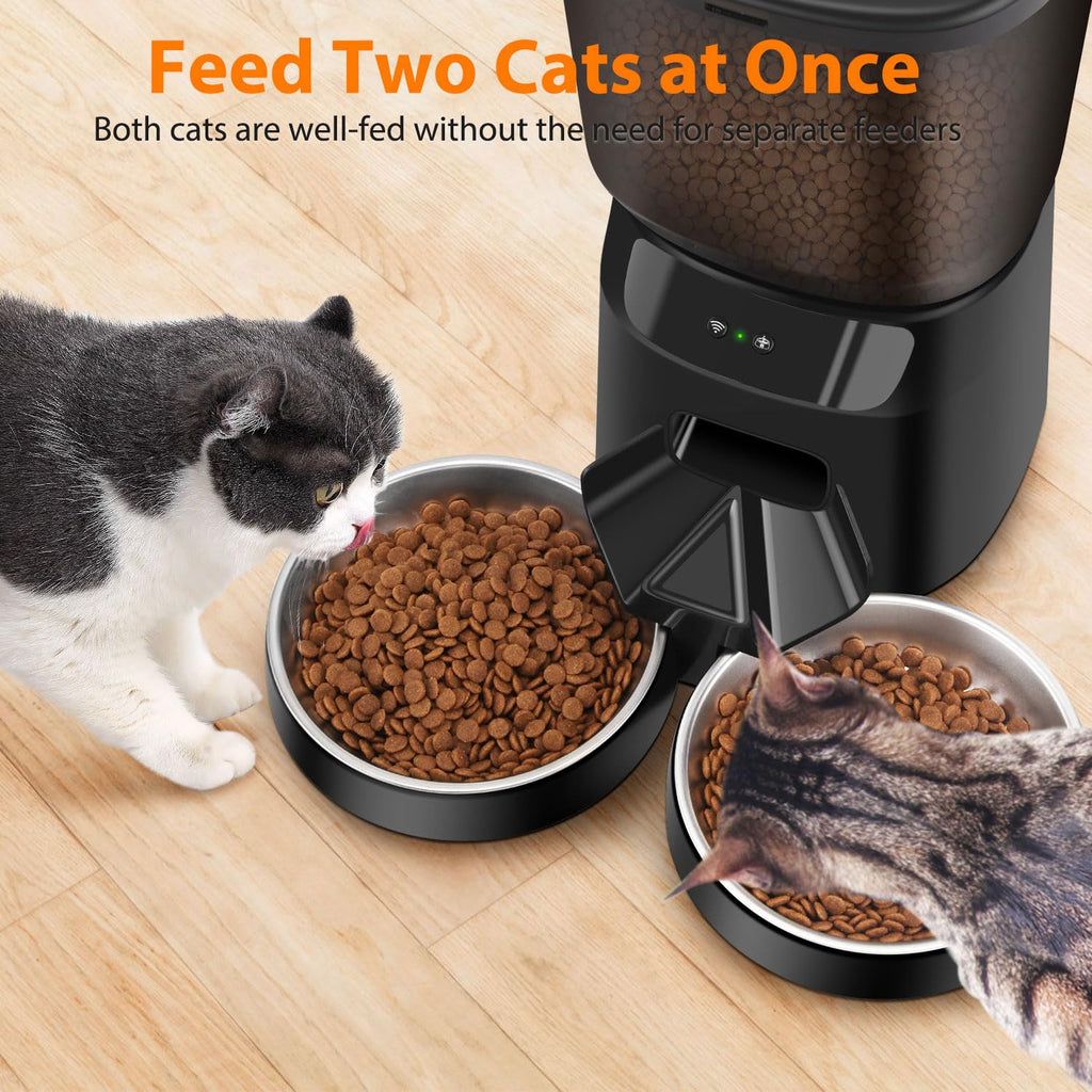 Automatic Cat Feeders WiFi for Two Cats, 5L/20 Cups Double Automatic Cat Food Dispenser with APP Control, 2 Stainless Bowls, Timer Setting 20 Portions 10 Meals Per Day