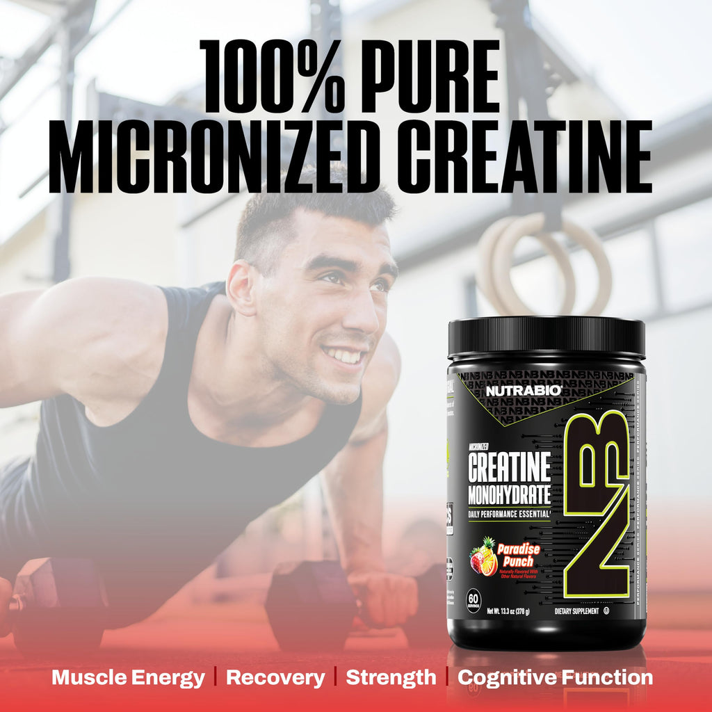 NutraBio Pure Micronized Creatine Monohydrate Powder Supplement,Paradise Punch,(300g)-Supports Bulk Muscle Energy, Recovery, and Strength-HPLC Tested Creatine Powder Supplement for Men and Women