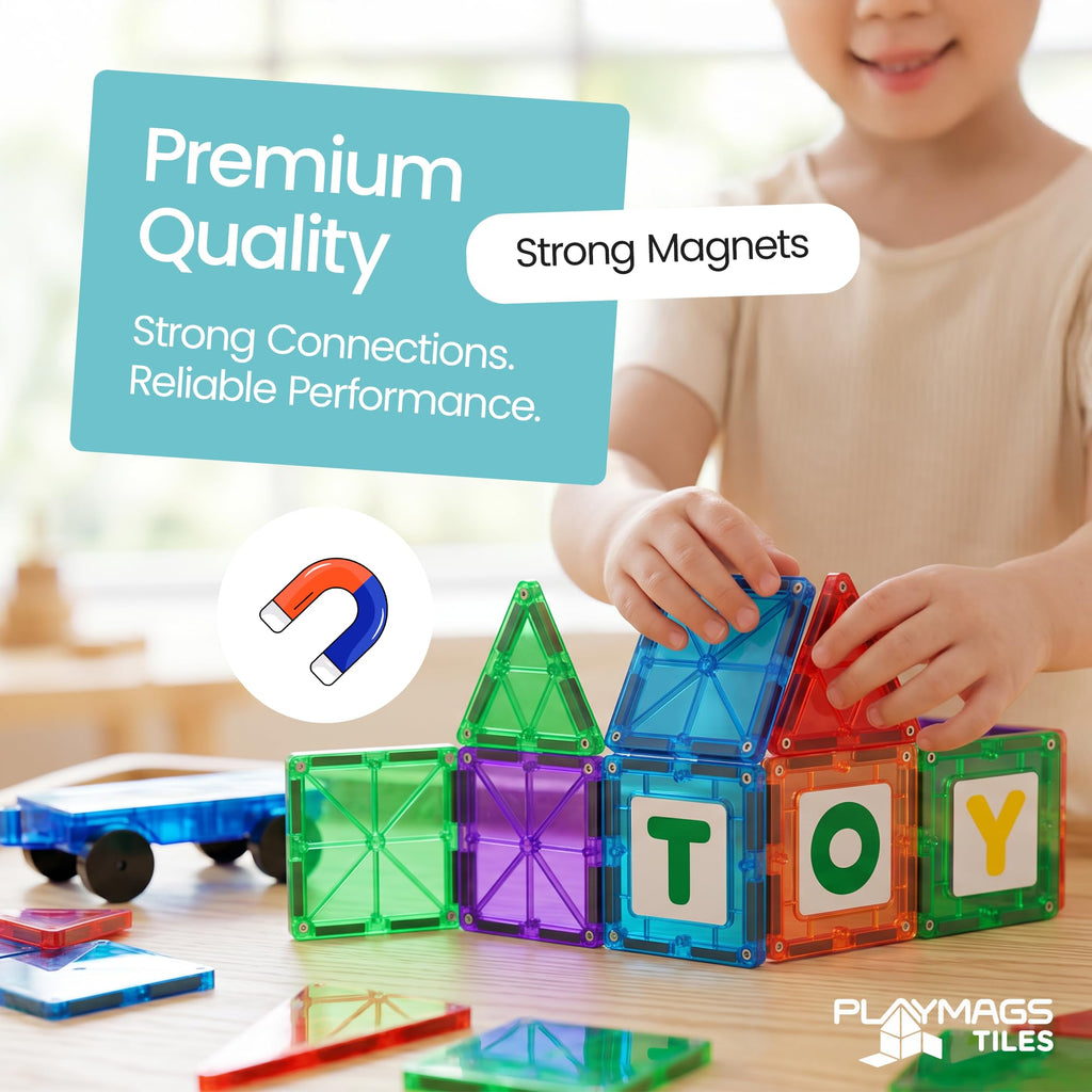 Playmags Magnetic Tiles for Kids 100-Piece Set, STEM Educational Building Blocks Toys for Kids, Includes Click-in ABC Learning Tiles, Gift for Boys & Girls, Add on Magnetic Figures, Car Set Available