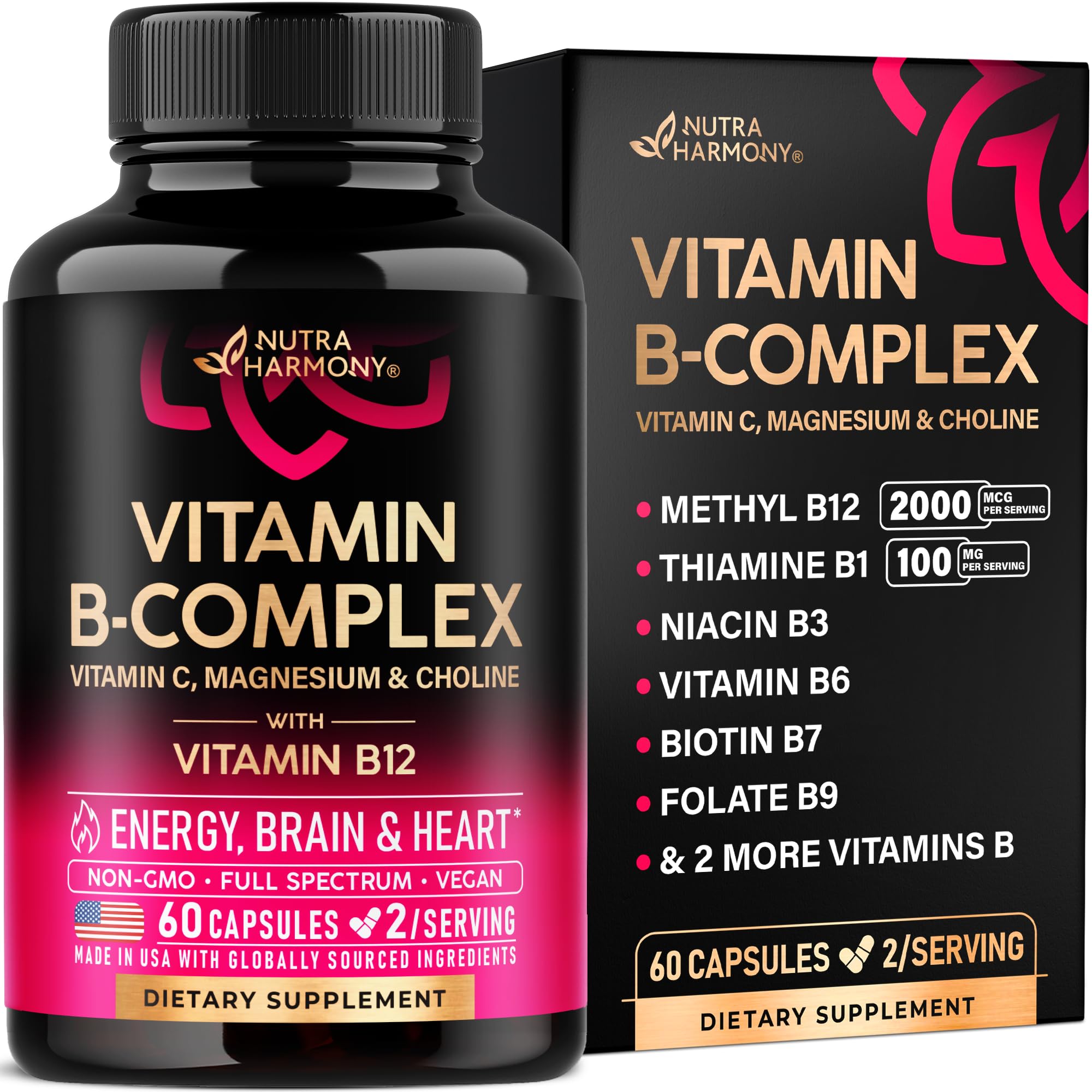 Vitamin B Complex for Men & Women - Made in USA - 11-in-1 B-Complex: B1, B2, B3, B5, B6, B7, B8, B9, B12 with Vitamin C, Choline, Inositol - Energy, Brain & Heart Support Supplement, 60 Vegan Capsules