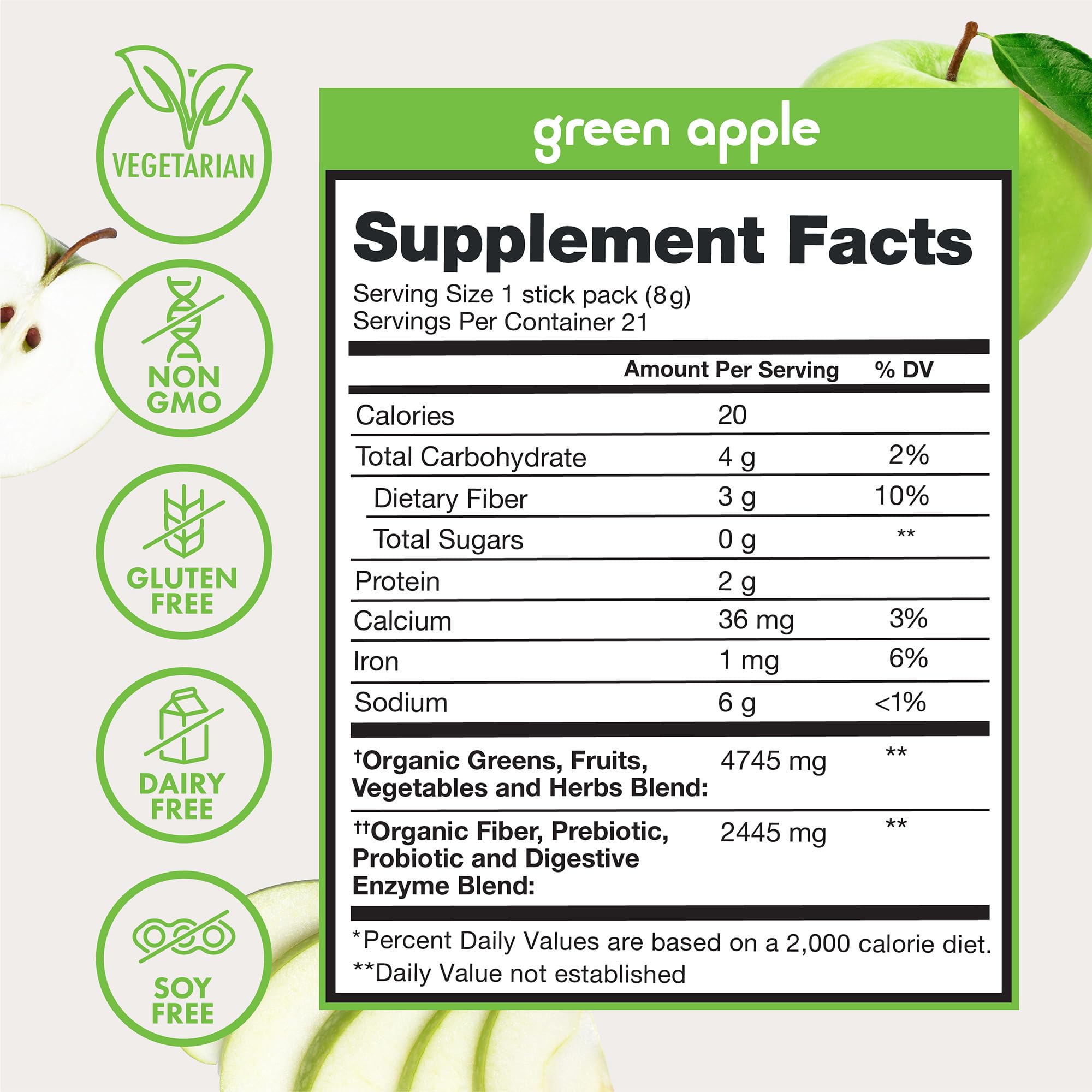 Zena Nutrition Organic Super Greens Powder Variety Pack, 70+ Superfoods, 0 Sugar, 3G Fiber, Spirulina, Chlorella, Antioxidants, Prebiotics/Probiotics, Digestive Enzymes, 21 Drink Mix Packets
