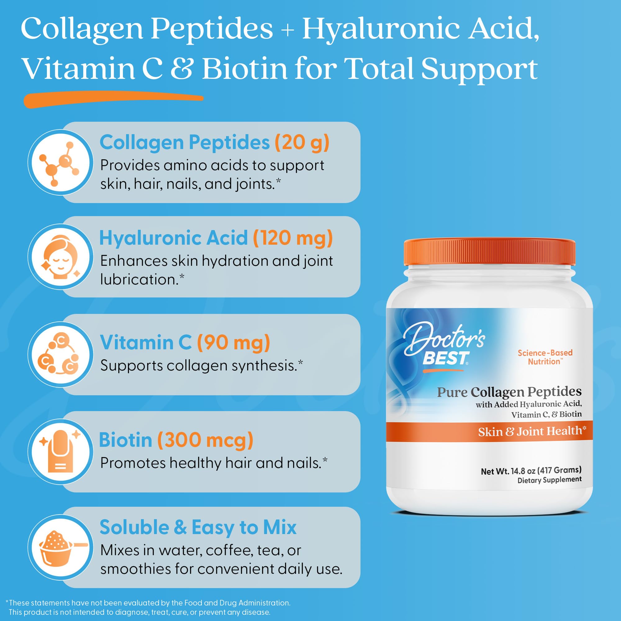 Doctor's BEST Pure Collagen Peptides w/Hyaluronic Acid - Collagen Powder Supplement for Women & Men, Unflavored, 18 g Protein & 90 mg Vitamin C per Serving, Supports Healthy Skin & Hair - 14.8 oz
