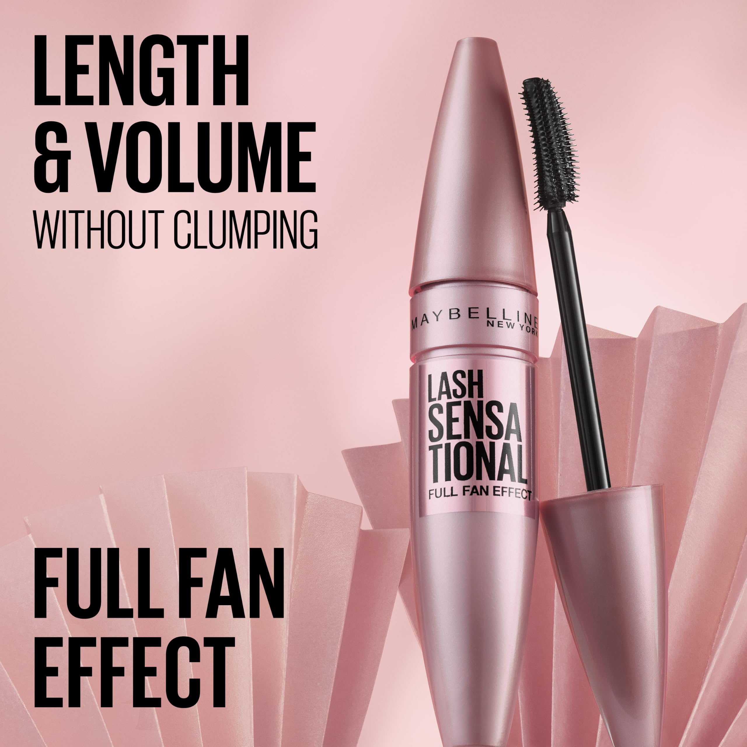 Maybelline Lash Sensational Washable Mascara, Lengthening and Volumizing for a Full Fan Effect, Blackest Black, 1 Count