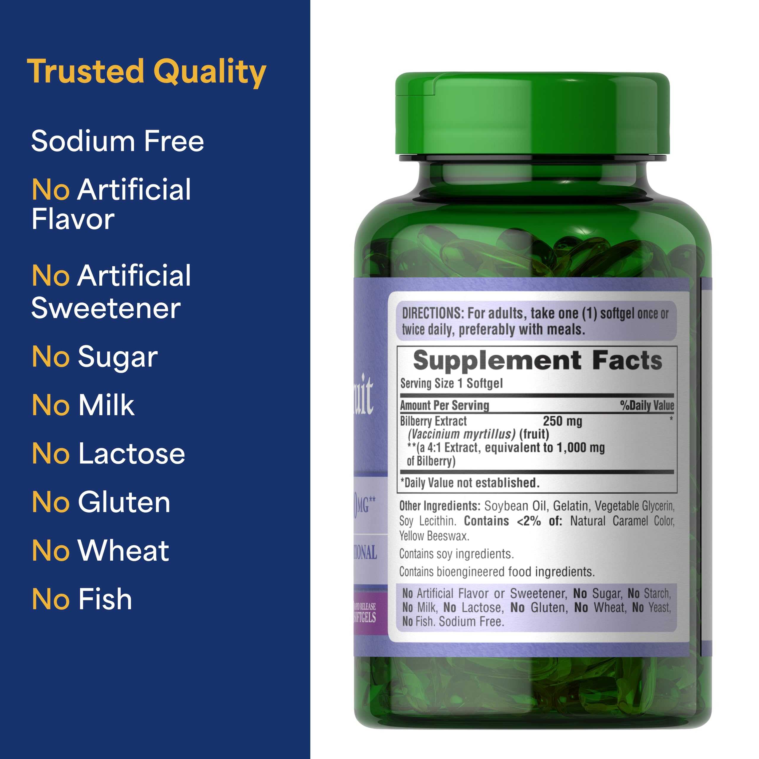 Puritan's Pride Premium Bilberry Fruit Extract 250 mg, 4:1 Concentrated Herbal Supplement, Vitamin C, 3 to 6 Month Supply, 180 Rapid Release Softgels(Packaging May Vary)