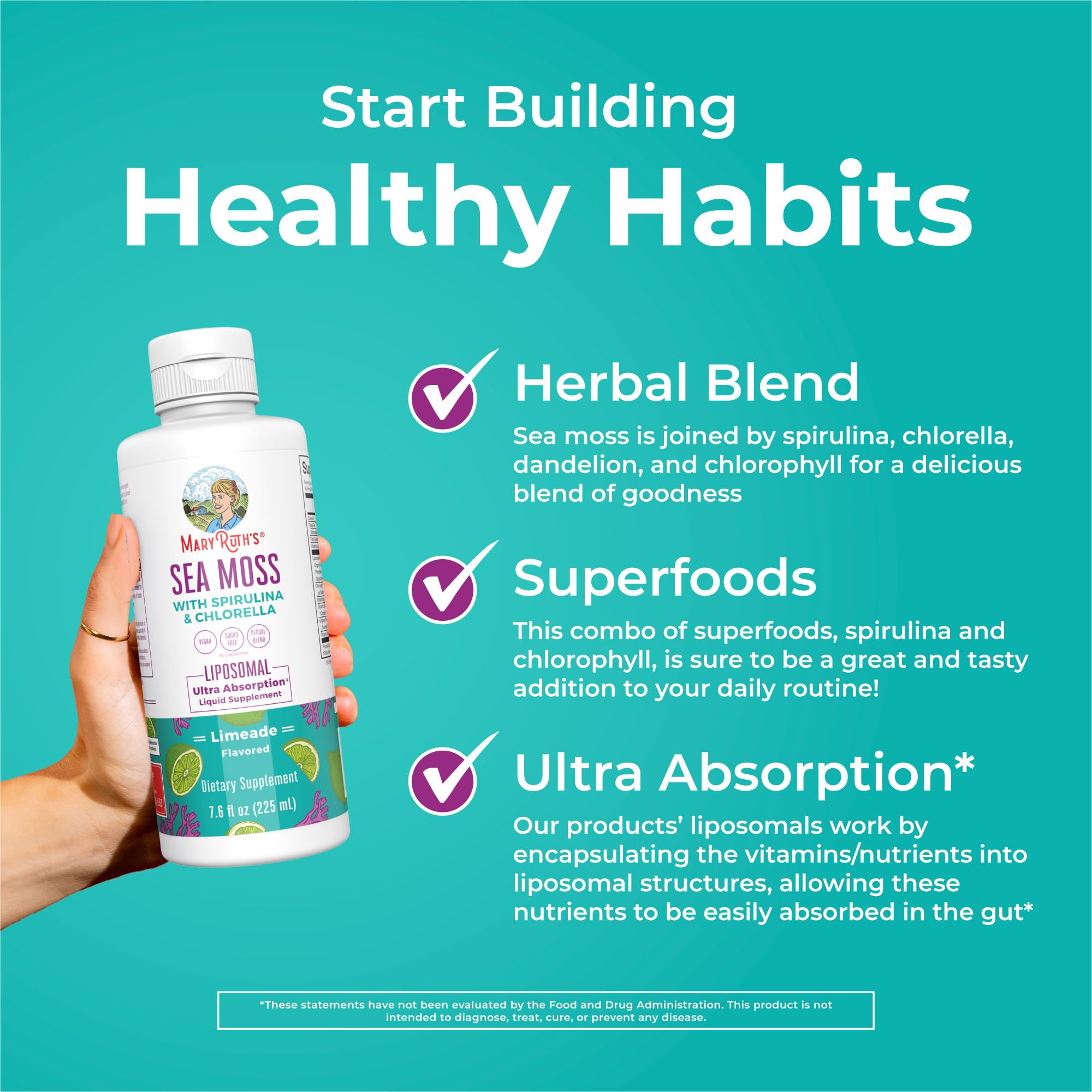 MARYRUTH'S Sea Moss with Spirulina and Chlorella Liposomal, 15 Servings