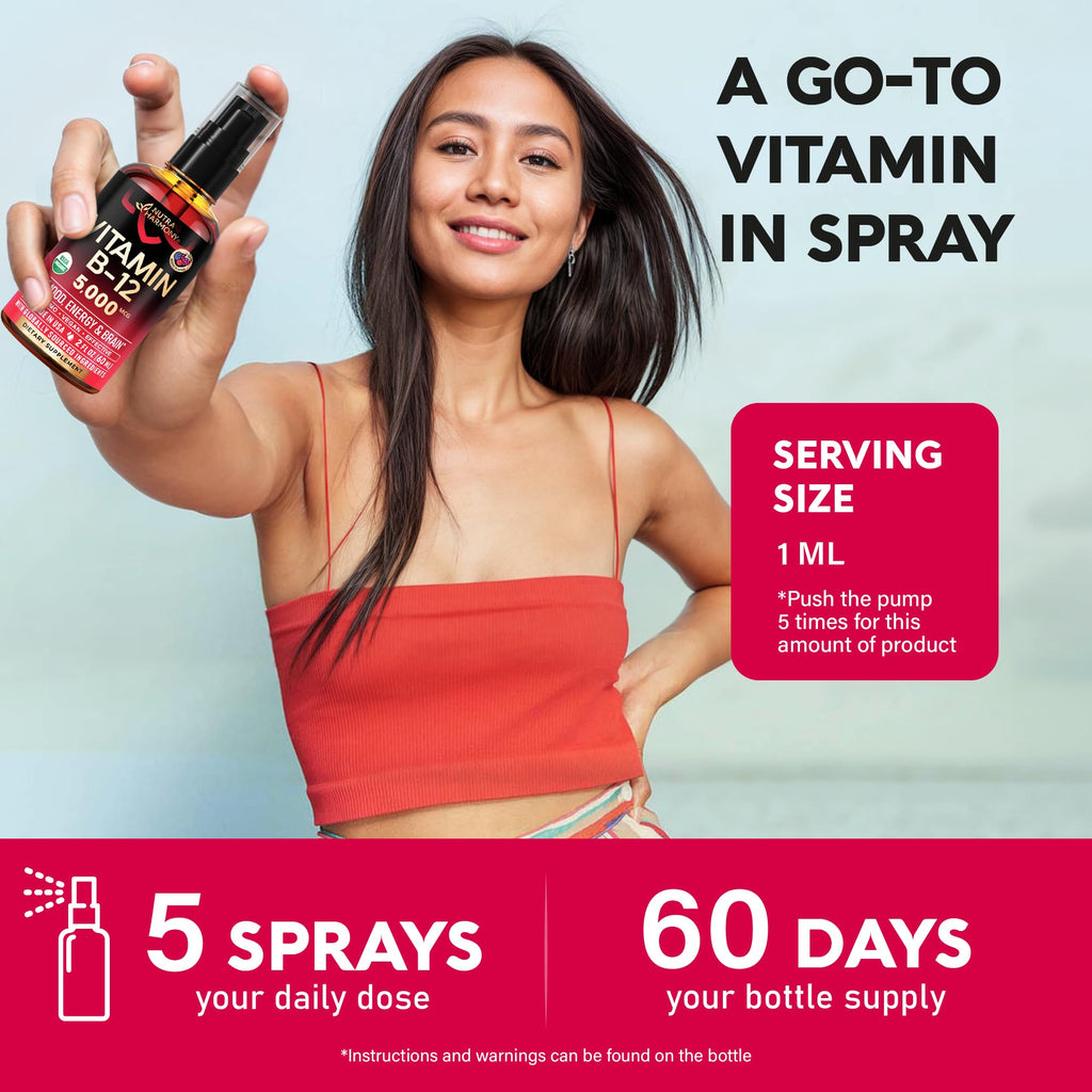 USDA Organic Vitamin B12 Sublingual Spray - 5000 mcg Liquid Vegan Methylcobalamin for Women & Men - Energy Boost, Focus & Mood, Brain Health Support - Maximize Absorption - 2 Month Supply, 2 fl oz