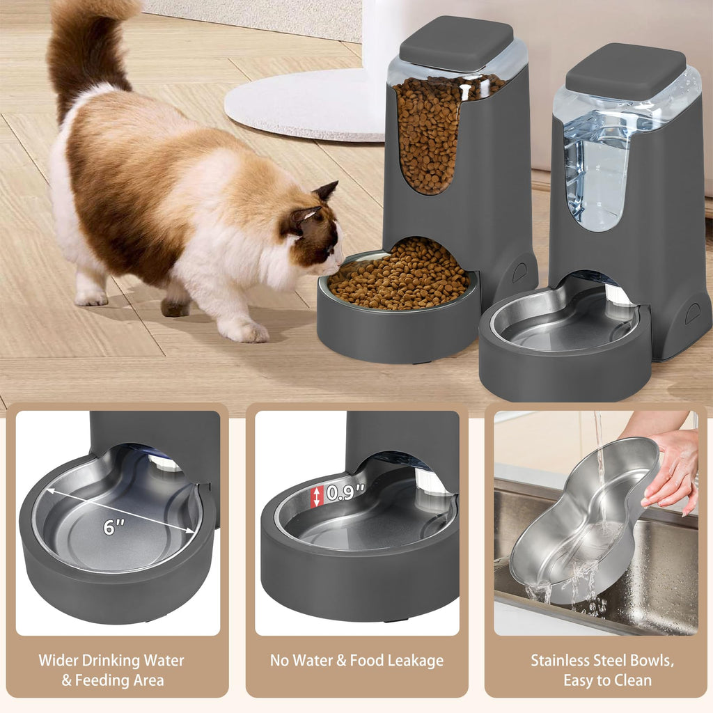 2 Pack Automatic Cat Feeder and Gravity Stainless Steel Water Dispenser, Dog Food Feeder and Waterer Set for Small Medium Puppy Kitten Pets (1 Gallon x 2, Gray)