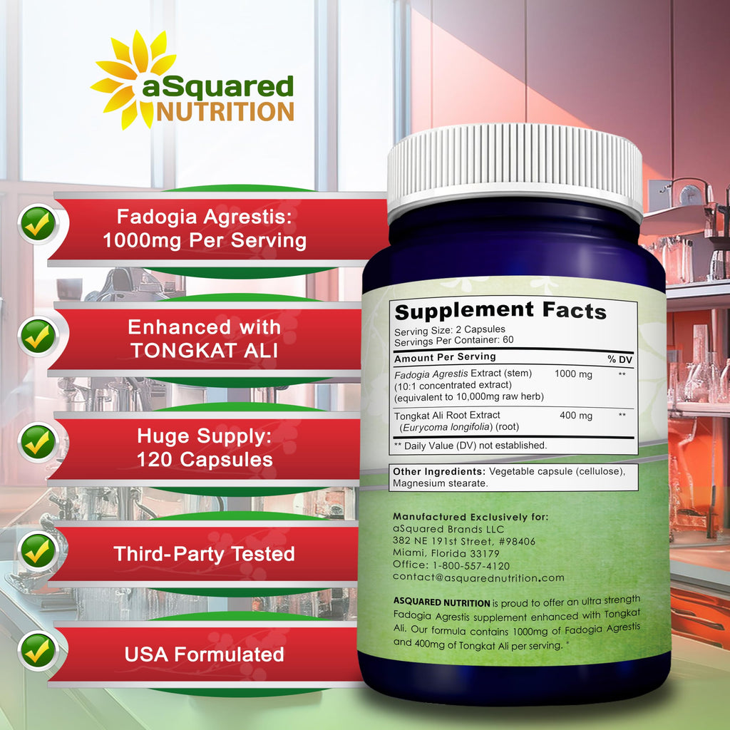 aSquared Nutrition Fadogia Agrestis 1000mg & Tongkat Ali 400mg - 120 Capsules - Fadogia Agrestis Extract Supplement and Powder Complex Pills