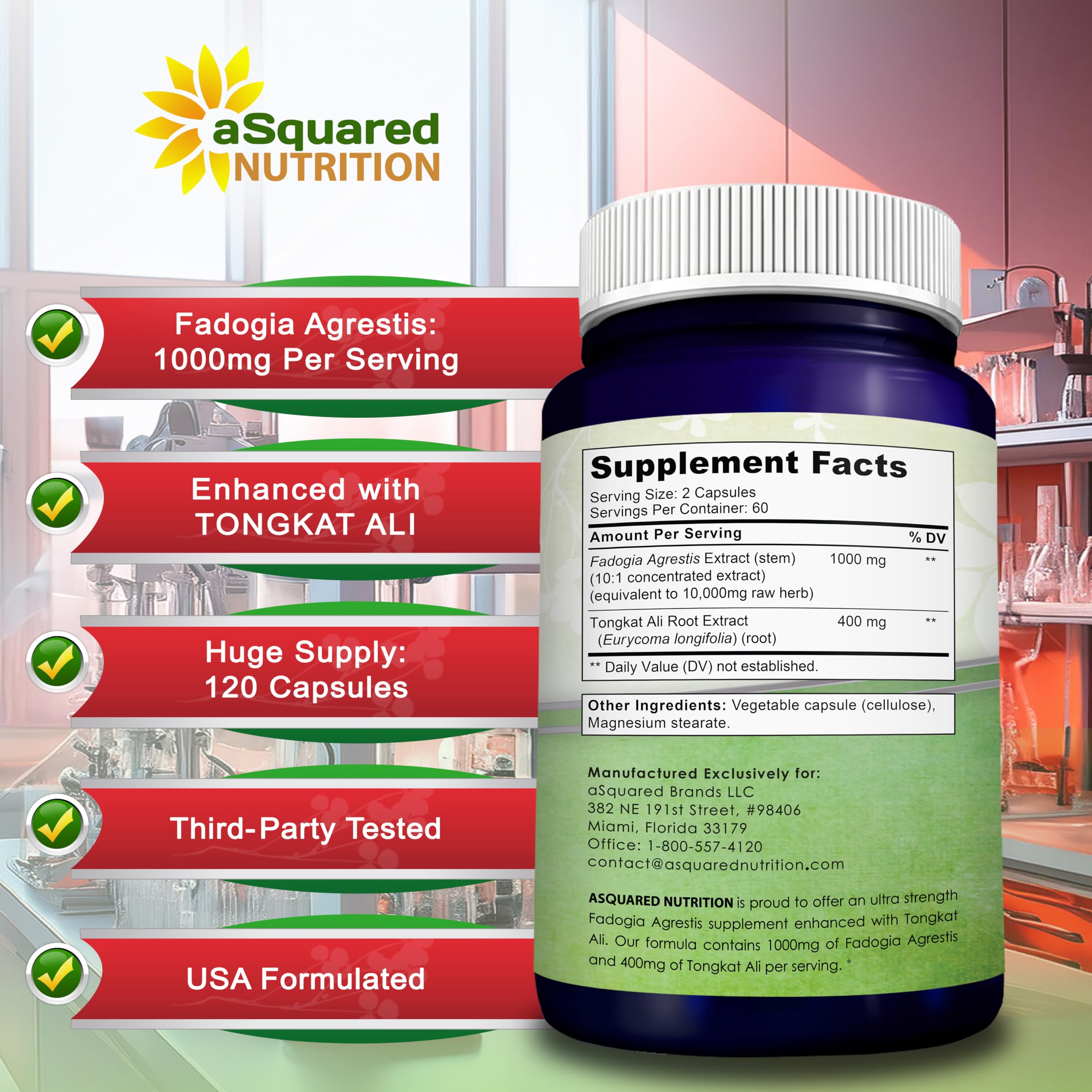 aSquared Nutrition Fadogia Agrestis 1000mg & Tongkat Ali 400mg - 120 Capsules - Fadogia Agrestis Extract Supplement and Powder Complex Pills