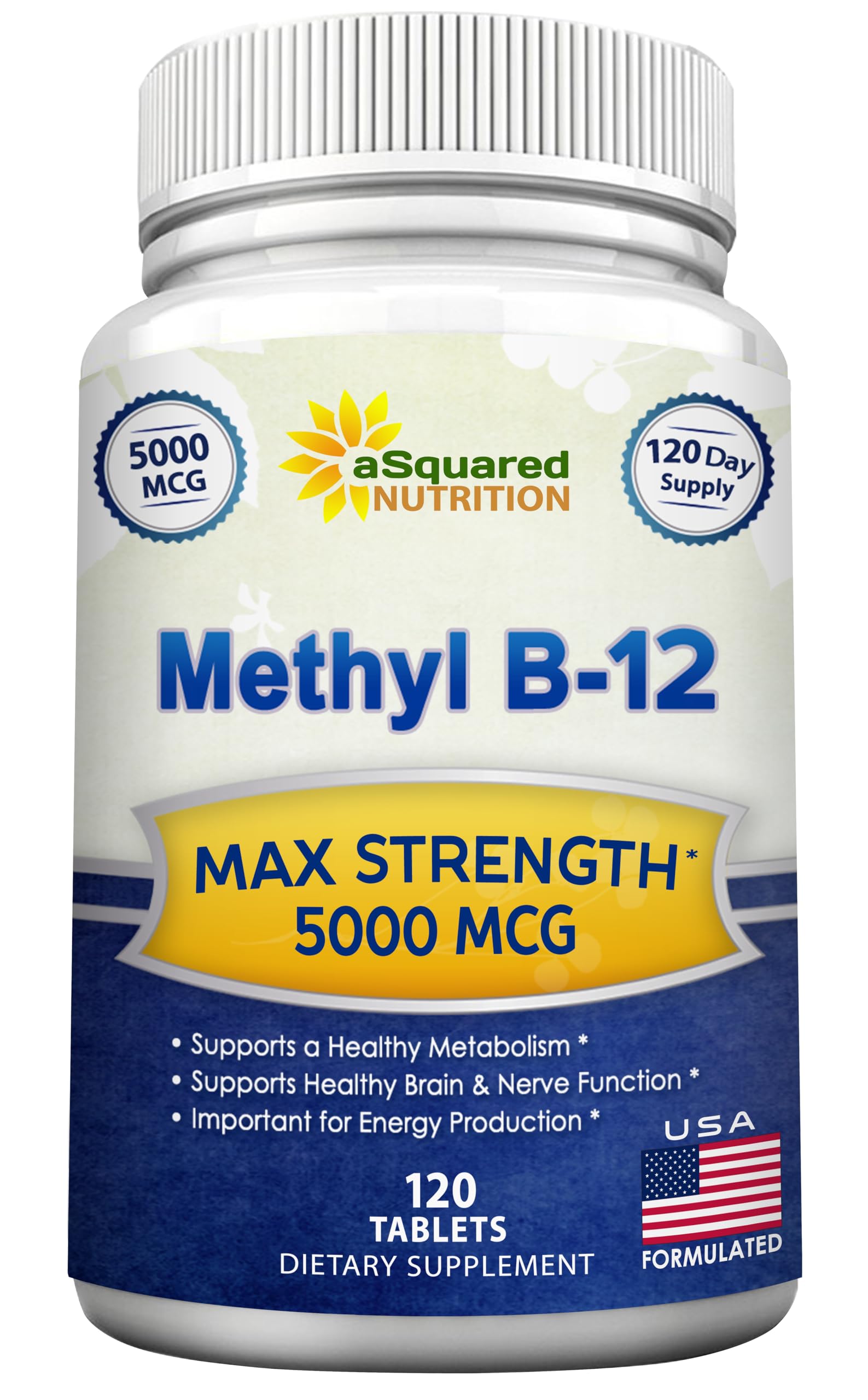 aSquared Nutrition Vitamin B12-5000 MCG Supplement with Methylcobalamin (Methyl B-12) - Max Strength Vitamin B 12 Support to Help Boost Natural Energy, Benefit Brain & Heart Function - 120 Tablets