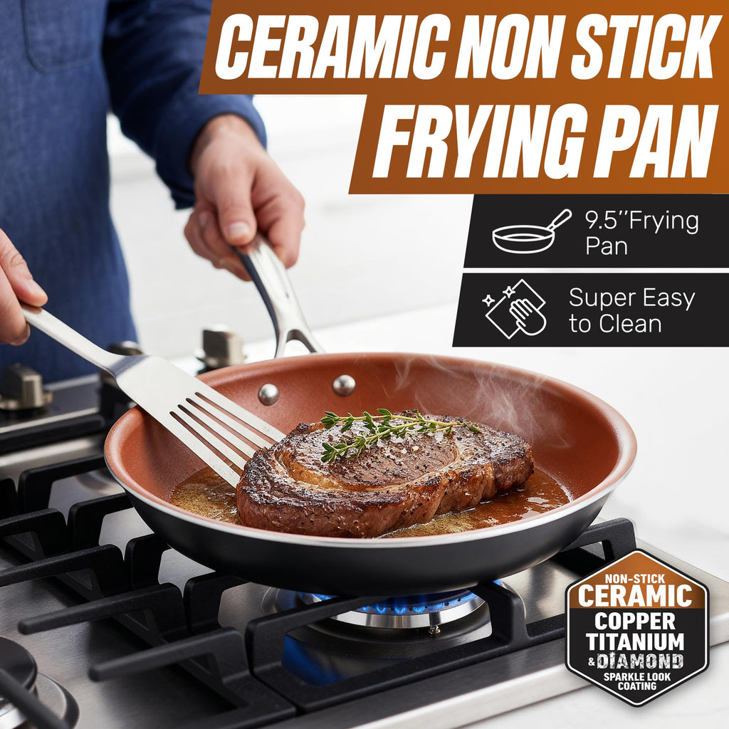 Gotham Steel 12 Pc Ceramic Cookware Set Nonstick, Ceramic Pots and Pans Set Non Stick with Steamer for Cooking, Non Toxic PFOA PFOS Free, Ergonomic Stay Cool Handles, Oven & Dishwasher Safe, Copper